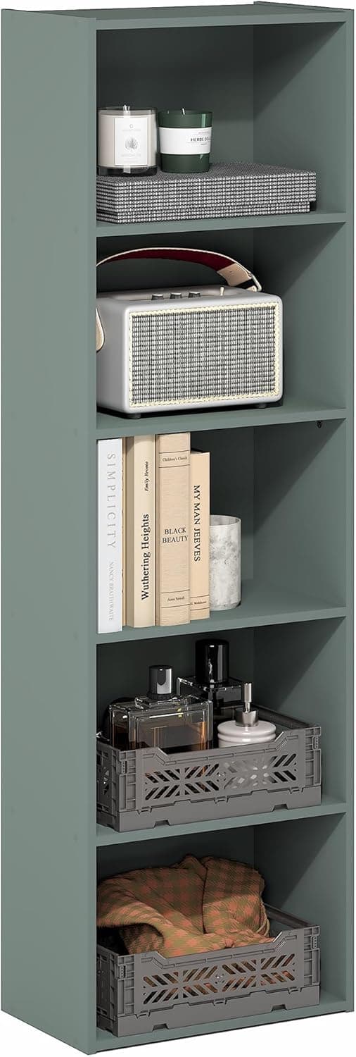 Furinno LUDER Estantería para Libros, Estantería de 5 Niveles, Librería con Estantes Abiertos, 9,4 x 15,8 x 52, Fácil Montaje, para Salón, Dormitorio, Oficina en Casa, Verde Salvia