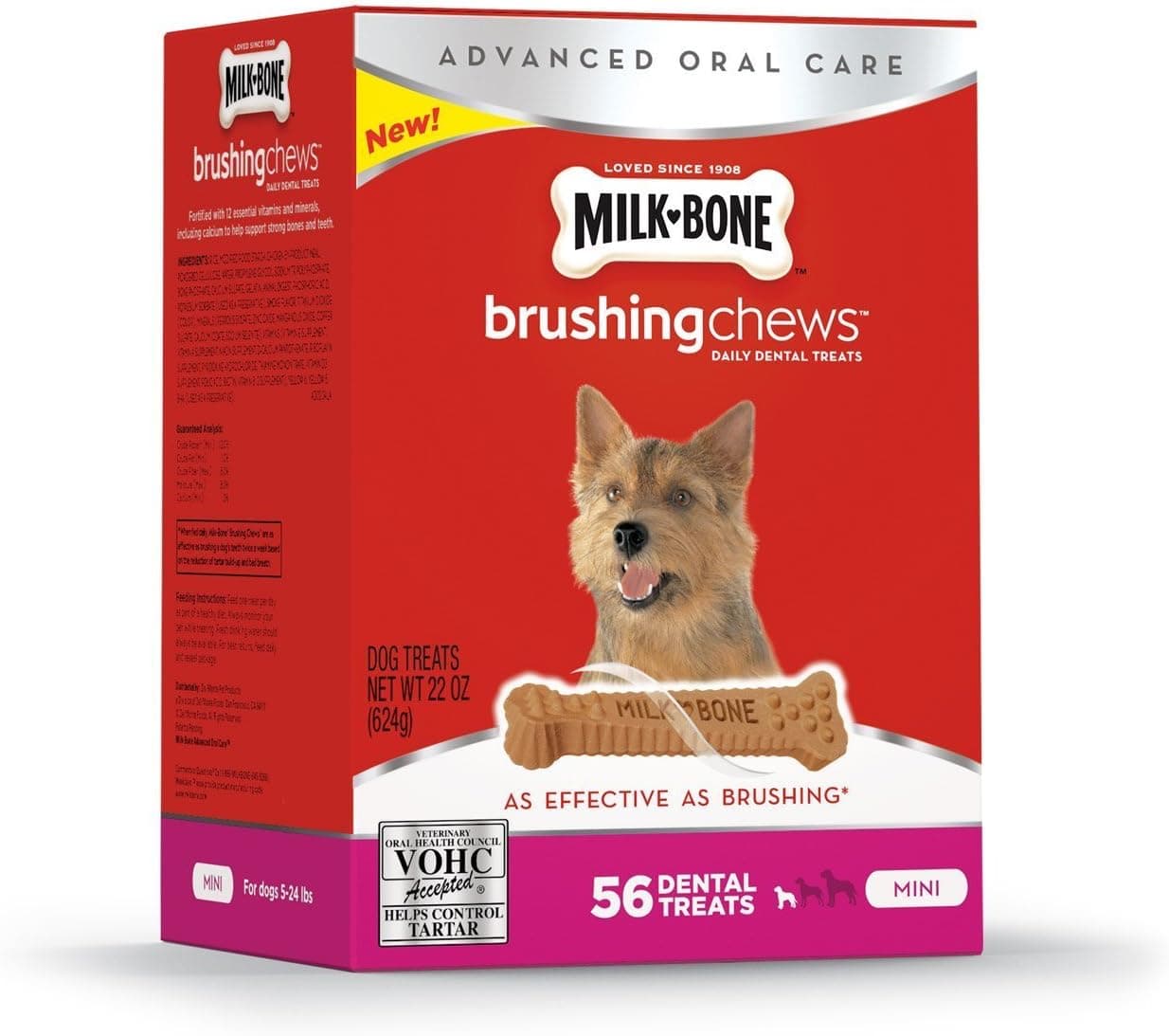 Masticables para cepillado de huesos de leche, golosinas dentales diarias para perros, mini, 56 unidades