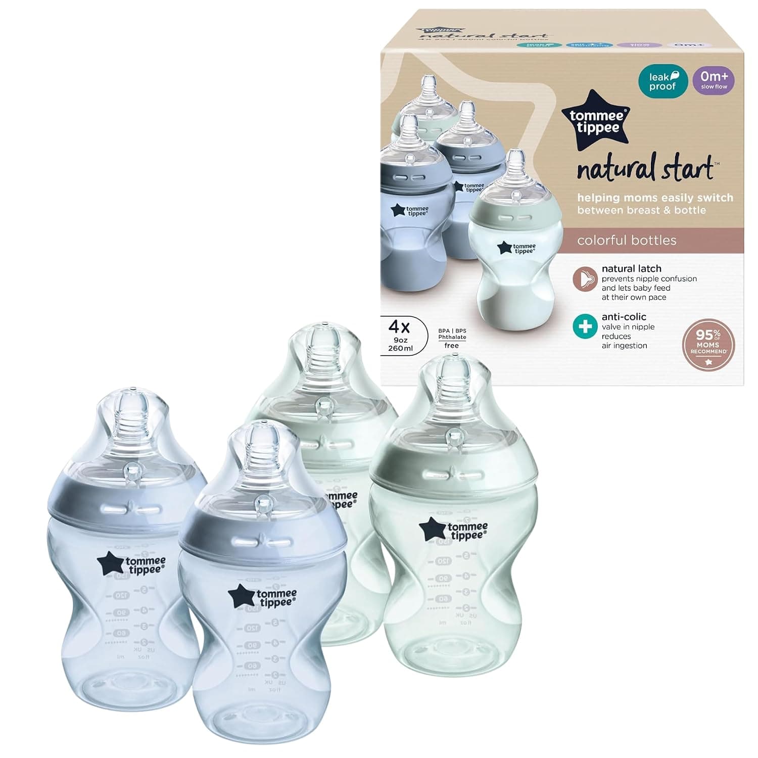 Tommee Tippee Natural Start biberones anticólicos de 9 oz sin BPA, 0+ meses, tetina de flujo lento similar al pecho, autoesterilizante, transición perfecta entre biberón y pecho, azul y verde, paquete de 4 | Paquete de 4, tetina similar al seno de flujo lento, autoesterilizante, transición perfecta del biberón al seno, azul y verde, sin BPA