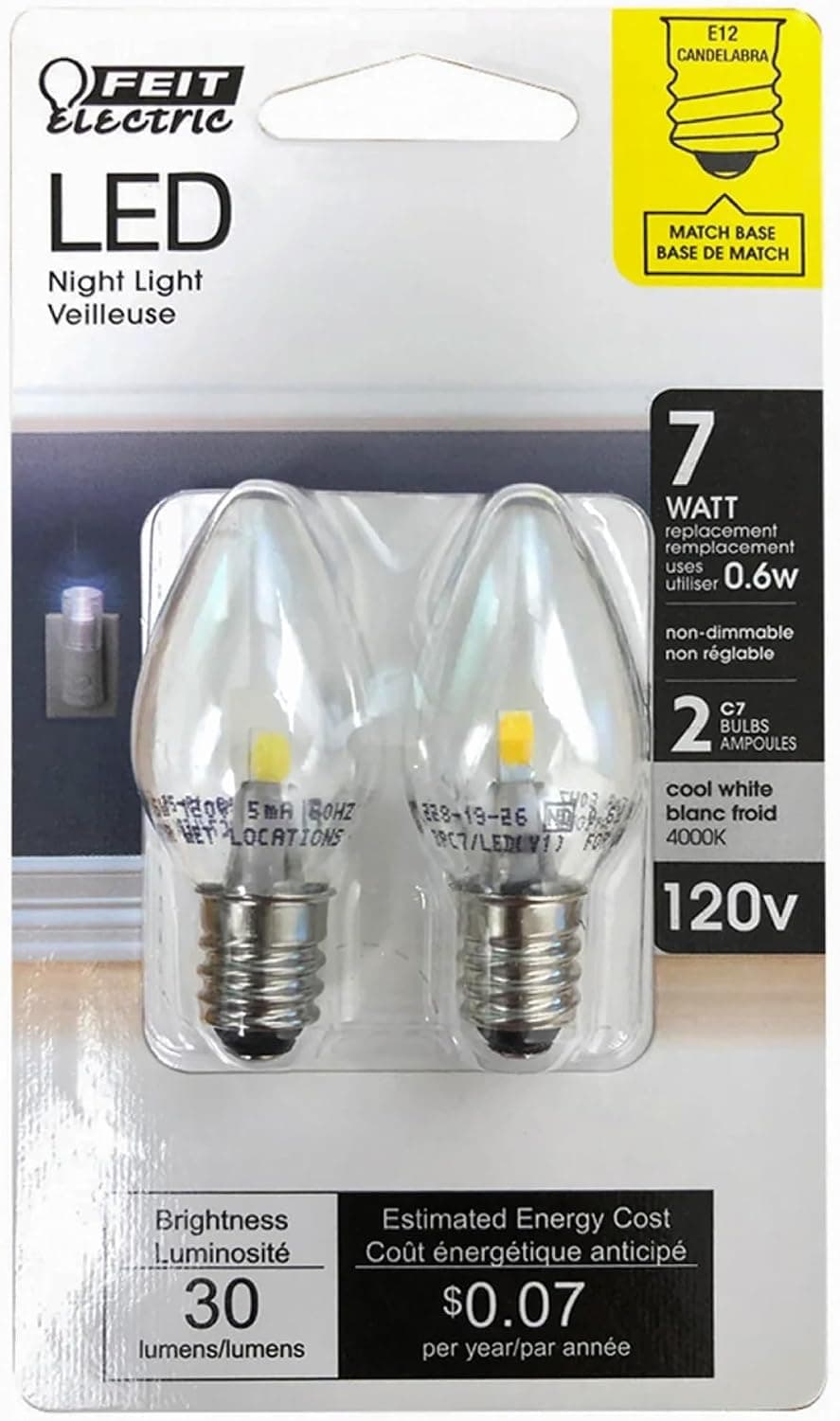 Feit Electric C7 Bombilla LED de noche BPC7/LED - 0,6 W 7 W Eq., E12, 4000 K blanco frío - Paquete de 2