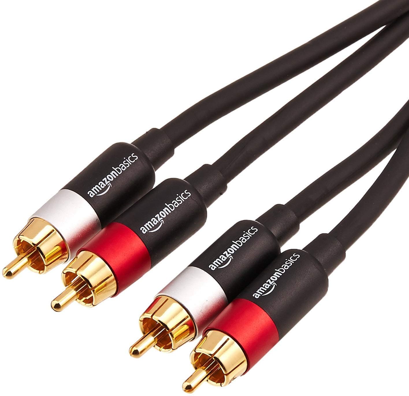 Cable de audio estéreo Amazon Basics 2 RCA para sistema Hi-Fi, amplificador, altavoces activos o subwoofer con enchufes chapados en oro, compatible con audio digital, 4 pies, negro