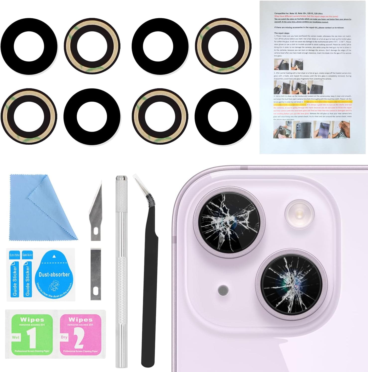 2 piezas de repuesto de cristal de lente de cámara trasera ASDAWN para iPhone 14 y 14 Plus, repuesto de lente de cristal de cámara con adhesivo preinstalado + kit de herramientas de reparación + manual de instalación