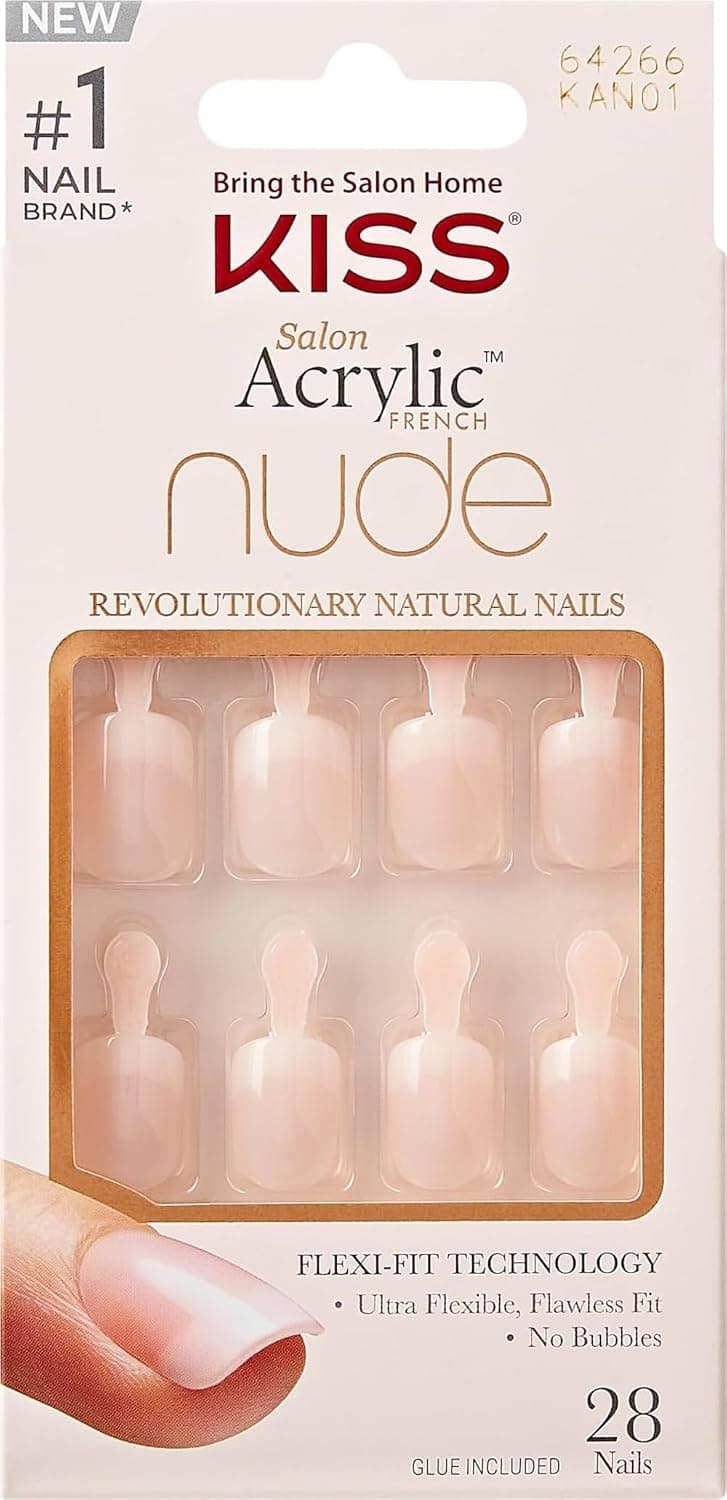 KISS Salon Uñas acrílicas nude con punta francesa cortas, "impresionantes", beige, escuadradas, incluye 28 uñas postizas, pegamento para uñas de 2 g, 1 barra de manicura, 1 mini lima