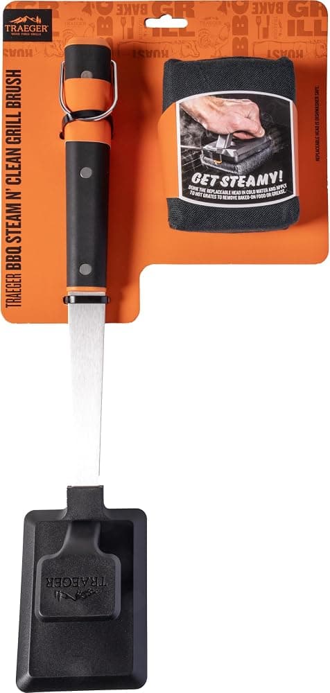 Traeger Grills BBQ Steam N' Clean Cepillo para parrilla – Cepillo de limpieza a vapor sin cerdas para parrillas calientes, seguro para rejillas de porcelana y planchas de parte superior plana, cabezal reemplazable apto para lavavajillas