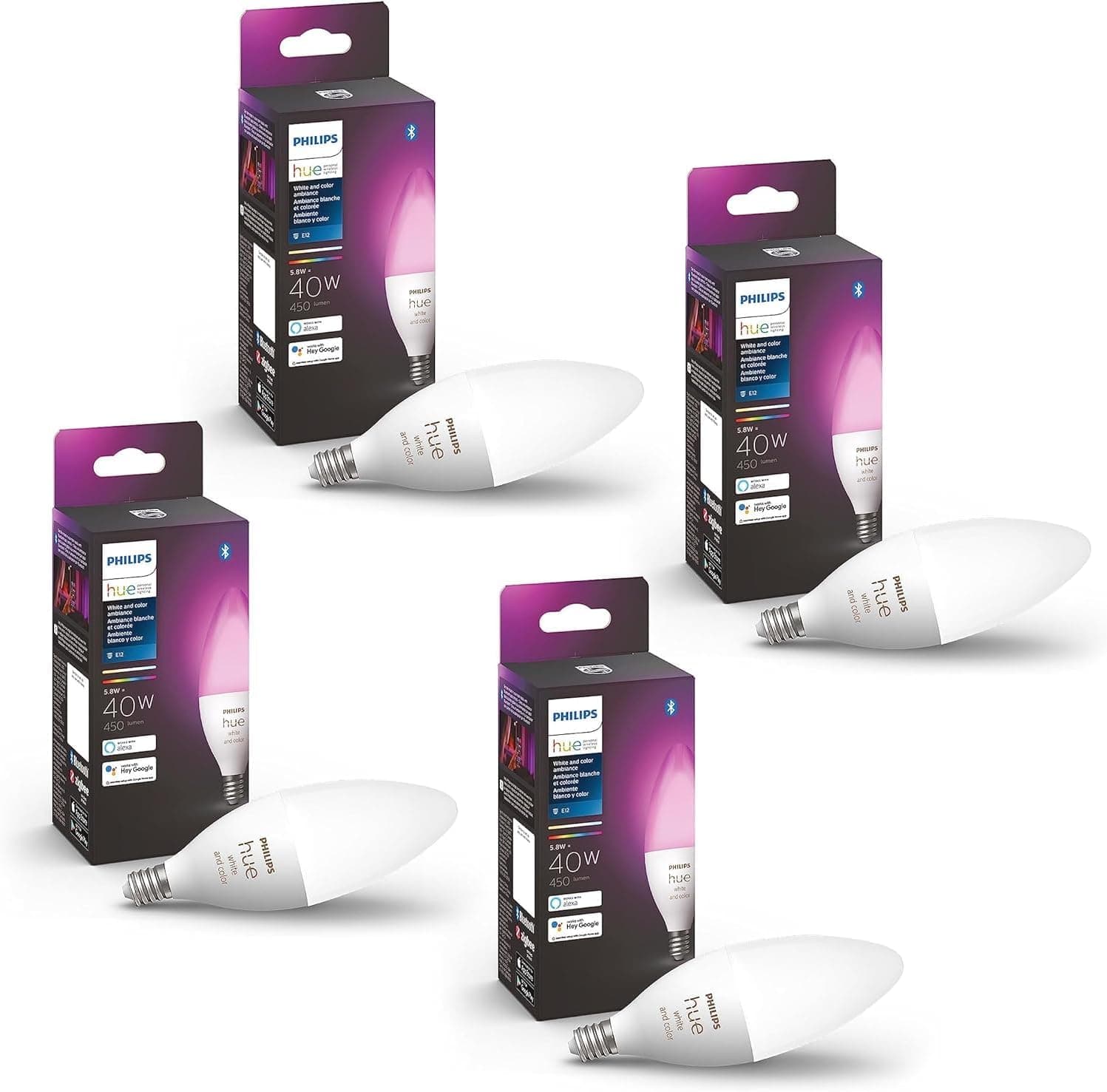 Philips Hue Smart Bombilla LED B39 de 40 W con forma de vela - Luz blanca y ambiental que cambia de color - Paquete de 4 - 450 lm - E12 - Control con la aplicación Hue - Funciona con Alexa, Google Assistant y Apple Homekit
