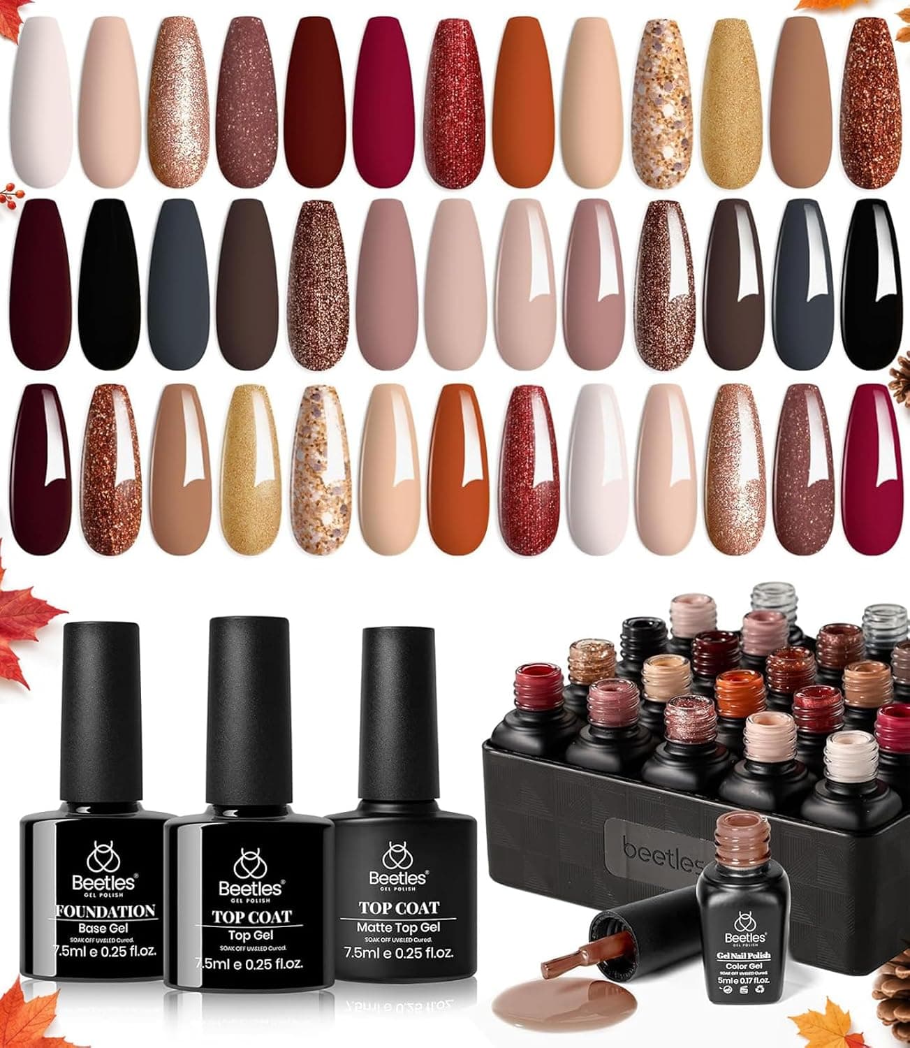 Juego de esmaltes de uñas en gel Beetles, 23 piezas Otoño Marrón Borgoña Rojo Desnudo Rosa | El juego de esmalte en gel con base y capa superior crea manicuras de remojo ultravioleta inspiradas en rosas para regalos de bricolaje y looks de uñas para el hogar
