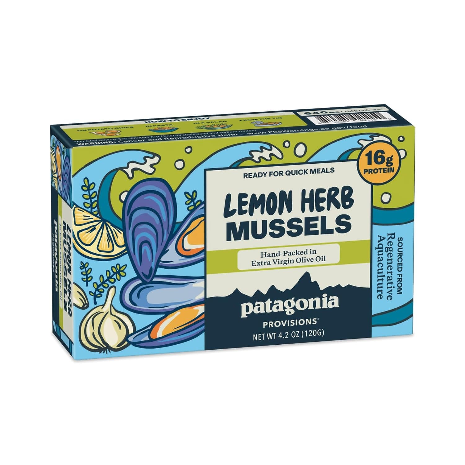 Patagonia Provisions - Lemon Herb Mussels in Extra Virgin Olive Oil | Responsibly sourced | 16g Protein & Gluten Free