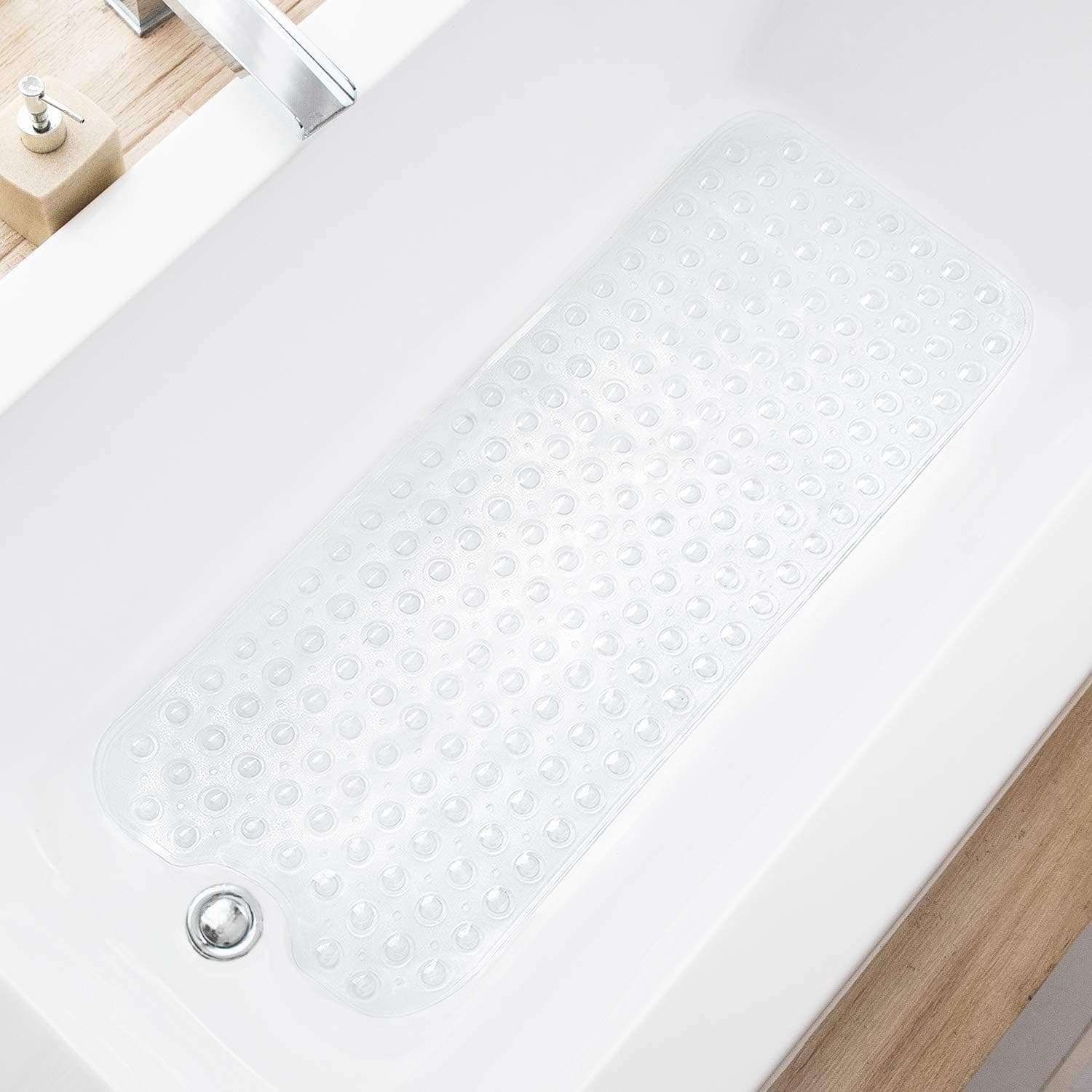 TEESHLY Alfombrillas de bañera para bañera de ducha, alfombrilla de baño extralarga antideslizante de 39 x 16 pulgadas con orificios de drenaje y ventosas, alfombrilla de baño para baño con lavable a máquina (transparente)