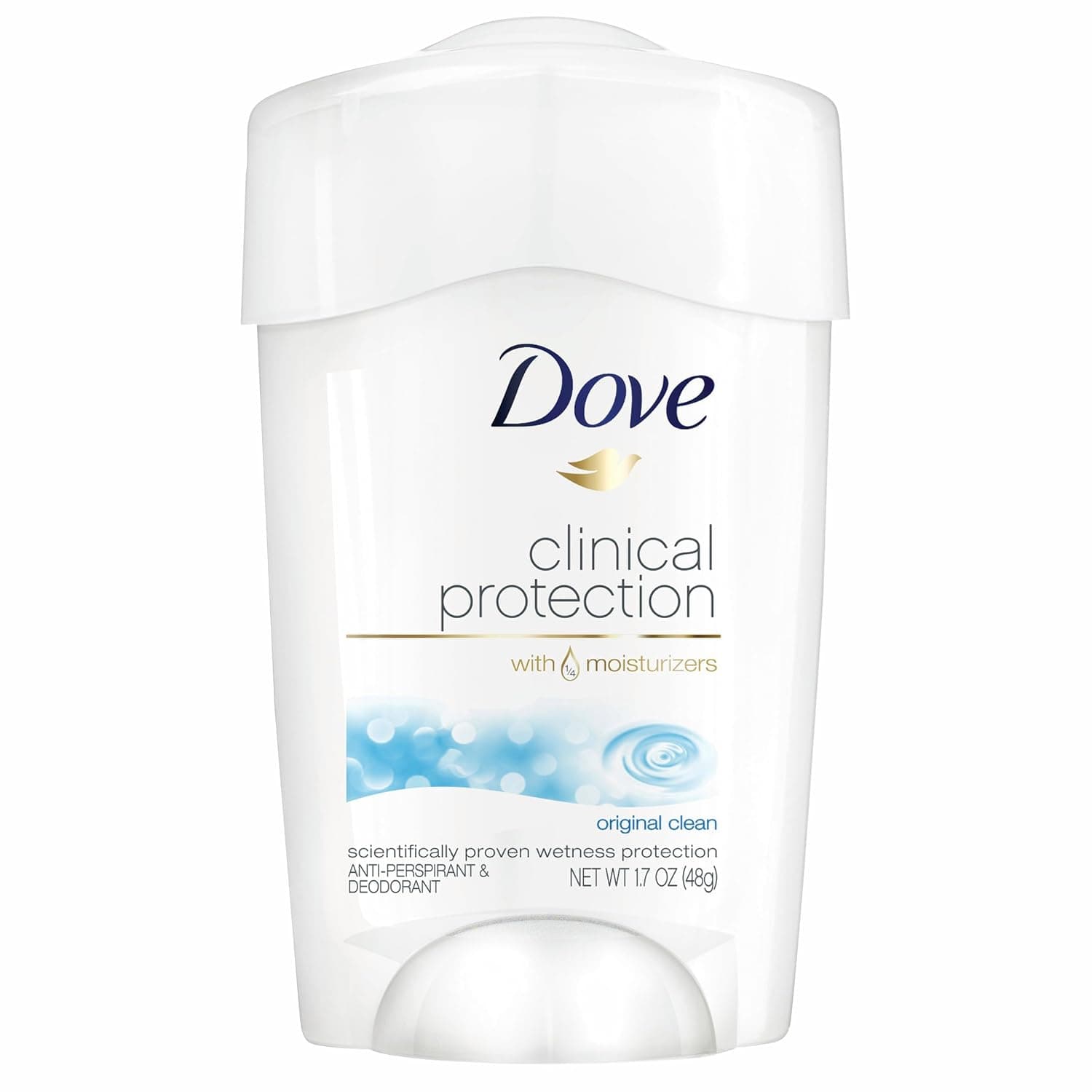 Dove Clinical + Care Original Clean Antitranspirante en barra sólida y suave, 1.7 oz | Protección clínica contra el sudor 96H para sudor hormonal, calor y estrés, suero nutritivo, aroma fresco y limpio