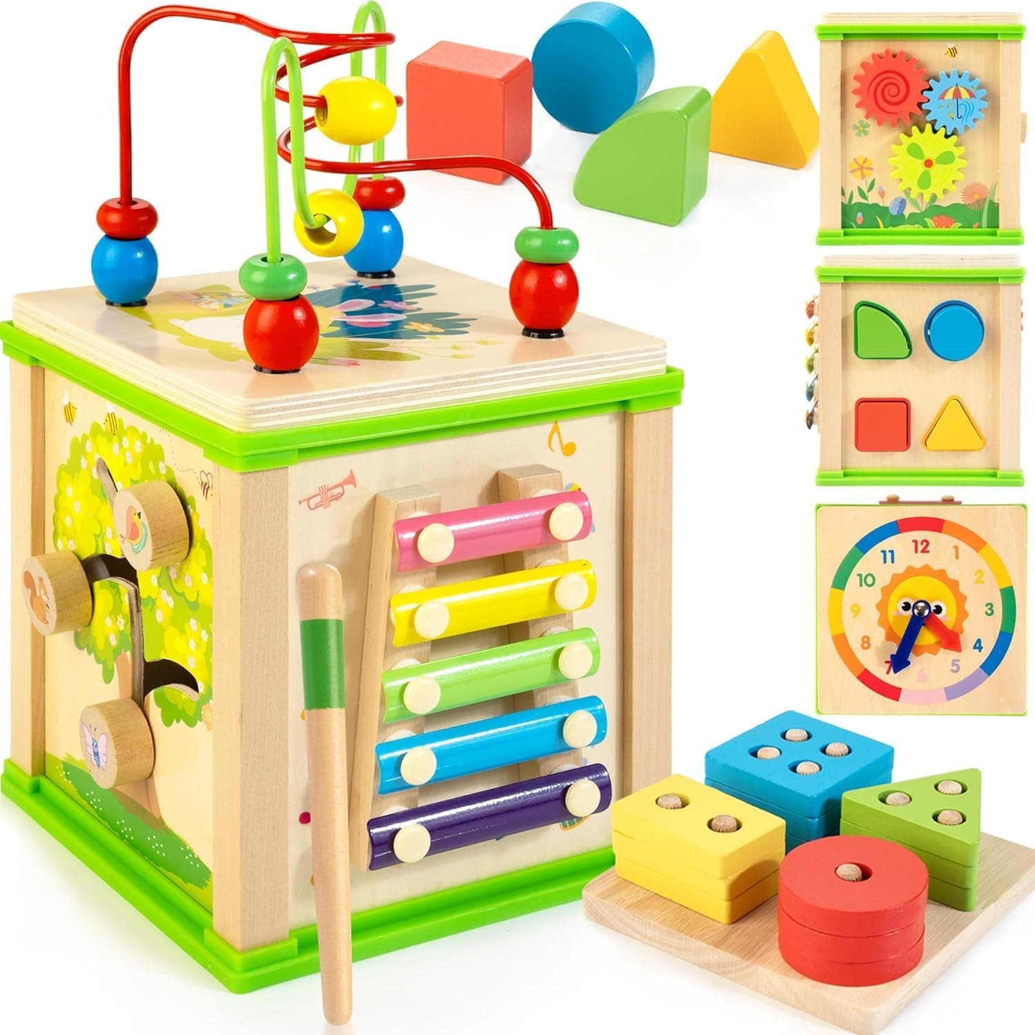 WOODMAM Cubo de actividades de madera 7 en 1, juguetes Montessori para niños de 1 a 2 años | Juguetes educativos de desarrollo para bebés, regalos de cumpleaños para niños y niñas de un año, laberinto de cuentas, xilófono, tabla de clasificación y apilamiento