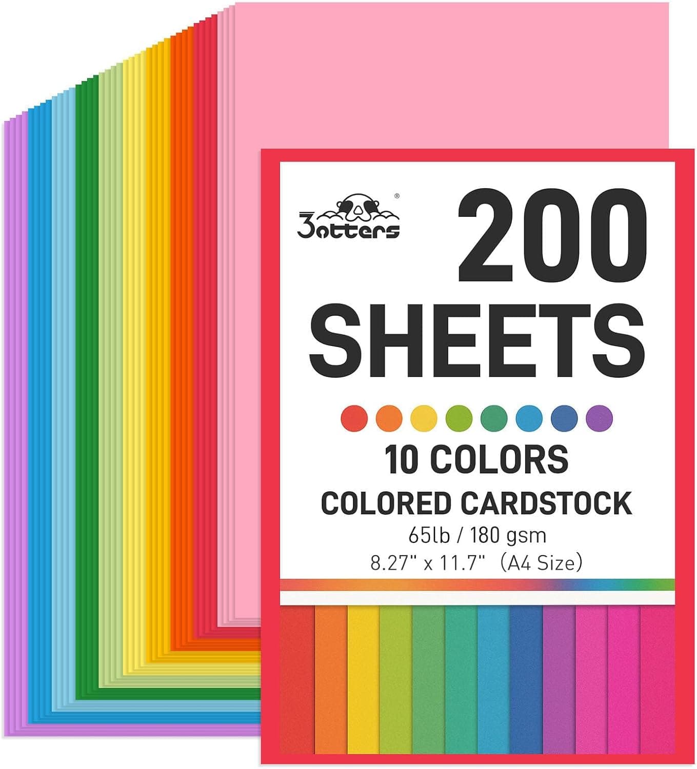 3 otters 200Sheets Construction Paper, Cardstock 8.27" x 11.7", 65lb/180GSM | 10Assorted Colors Card Stock Printer Paper, for Printing, DIY Crafts, Classroom Must Haves, Kids Party School Supplies