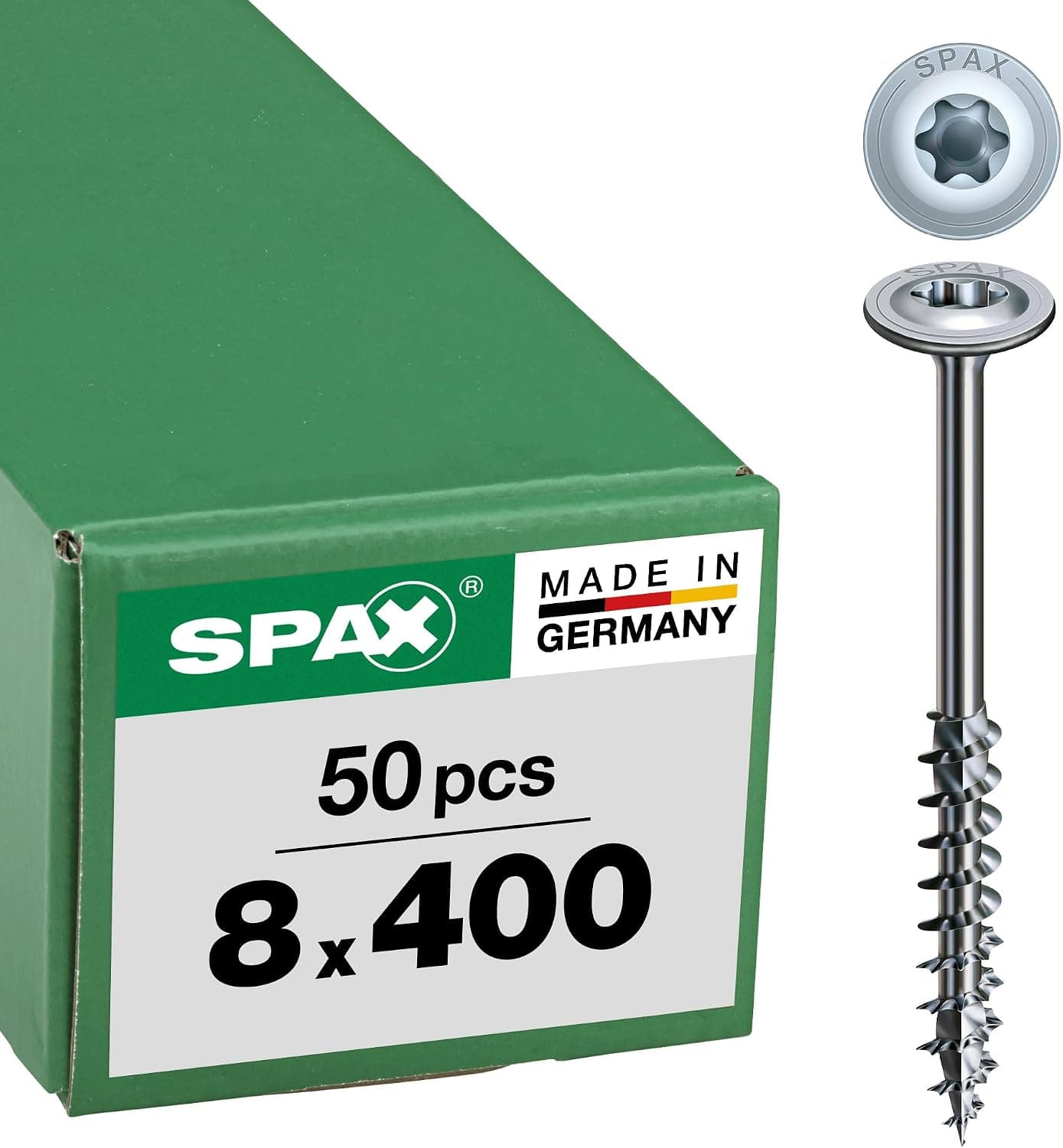 Tornillo de construcción para madera SPAX, 8,0 x 400 mm, 50 piezas, T-Star Plus, cabeza de placa, rosca parcial, 4CUT, WIROX A3J, 251010804005