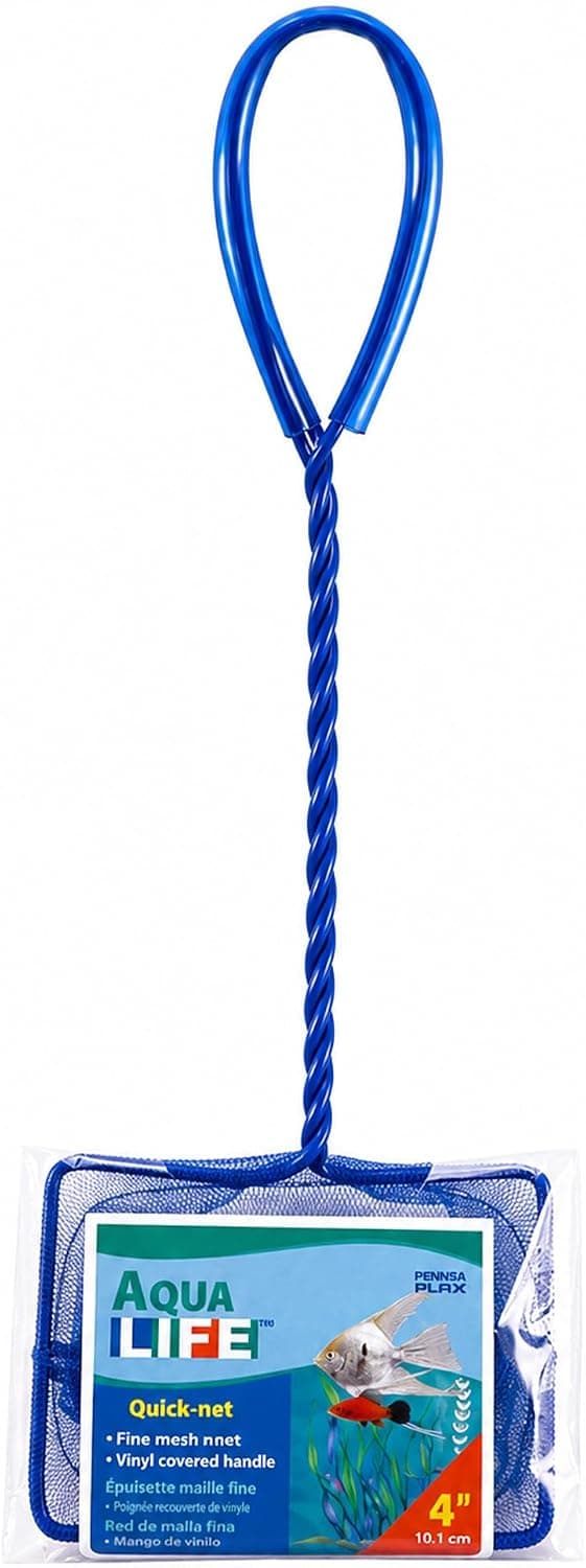 Penn-Plax Quick-Net Red para peces de acuario - Malla fina de 4 x 3 pulgadas, mango trenzado cubierto de vinilo de 10 pulgadas - Pequeña herramienta de limpieza de acuarios para un manejo suave de los peces - Uso en tanques de agua dulce y salada - Azul