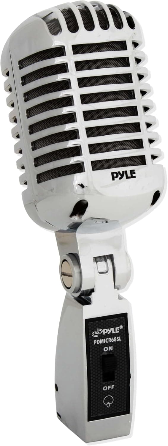 Pyle Classic Retro Dynamic Vocal Micrófono - Micrófono cardioide unidireccional de metal estilo vintage antiguo con cable XLR - Adaptador de soporte universal - Grabación de estudio en vivo - PDMICR68SL (Plata)