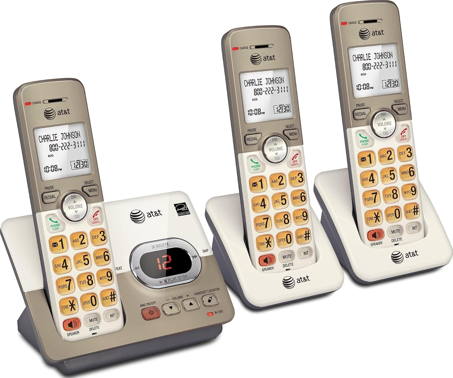 AT&T EL52313 Teléfono inalámbrico de 3 auriculares, champán claro | Sistema de contestadora digital, teclas retroiluminadas extragrandes, identificador de llamadas/llamada en espera, DECT 6.0, altavoz expandible