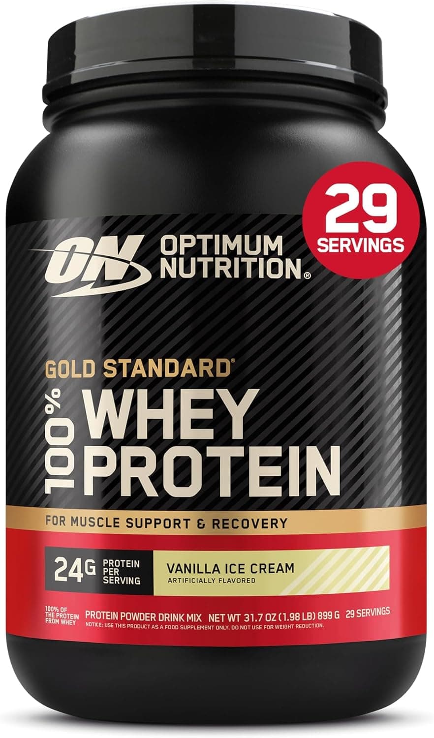 Optimum Nutrition Gold Standard 100% proteína de suero en polvo, helado de vainilla, 2 libras (el embalaje puede variar) (paquete de 6)