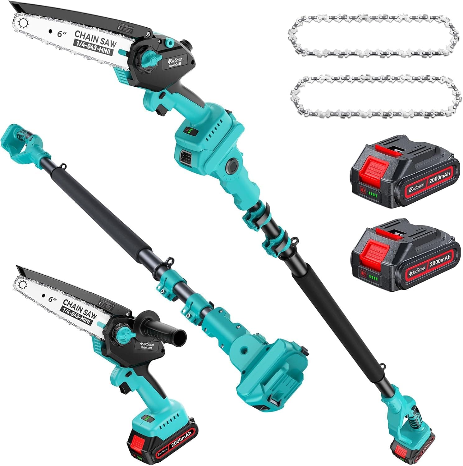 Sierras de poste para podar árboles, mini motosierra sin escobillas de 6 pulgadas con poste de extensión | motor sin escobillas de 1000 W, 2 baterías de 2000 mAh, motosierra eléctrica de mano y podadora de poste para recortar ramas de árboles