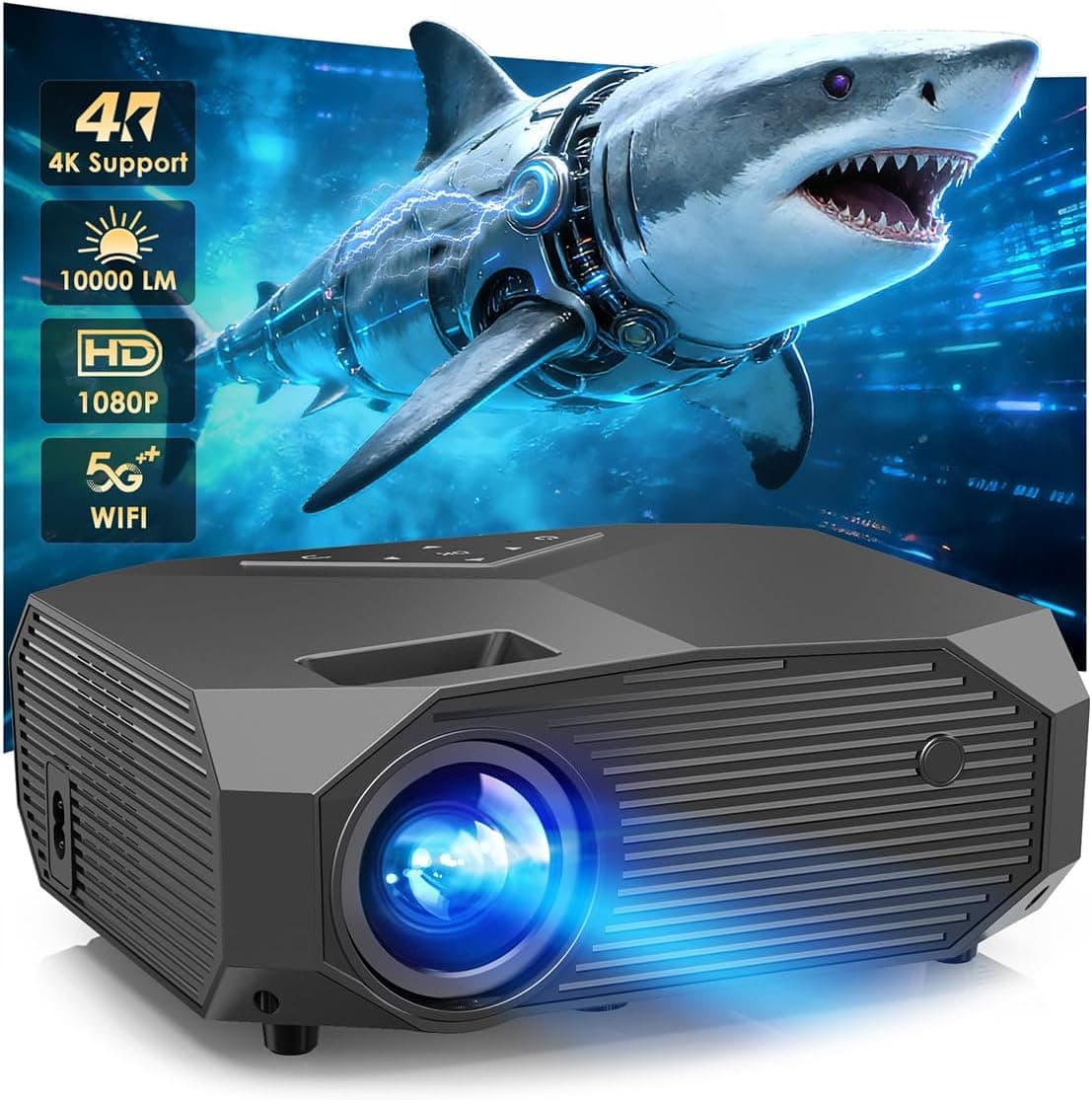 Proyector con WiFi y Bluetooth, Proyector de películas portátil nativo 1080P para exteriores, zoom 50%-100%, pantalla de 400", proyector 4K compatible con HDMI/USB/PC/TV/PS5/DVD/Android/iOS (gris claro, 1080p)