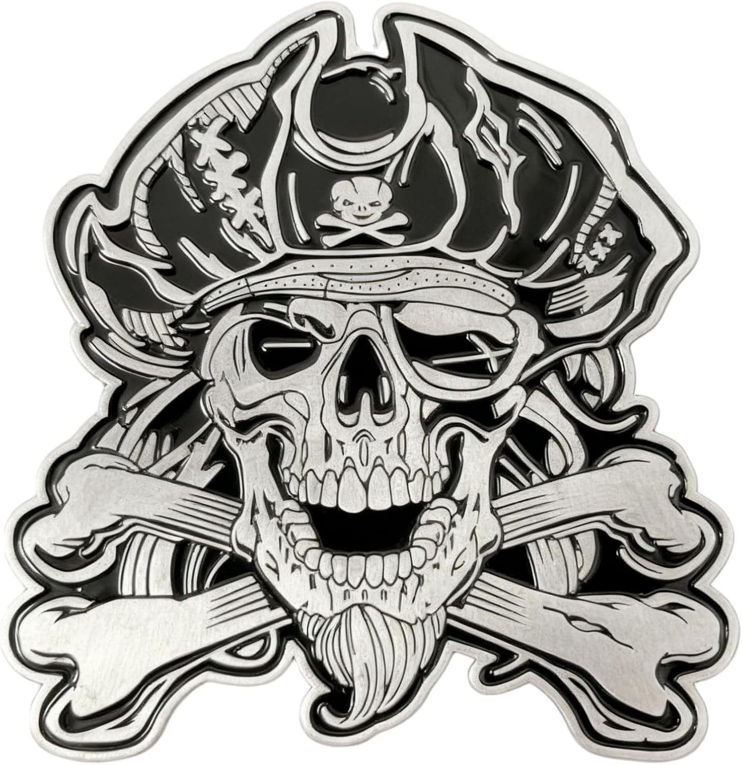 Emblema de calavera pirata con tibias cruzadas – Insignia 3D de aleación de zinc esmaltada en plata antigua y negra con adhesivo 3M – Calcomanía pirata de metal pesado para automóvil, camión, motocicleta, caja de herramientas o decoración del hogar
