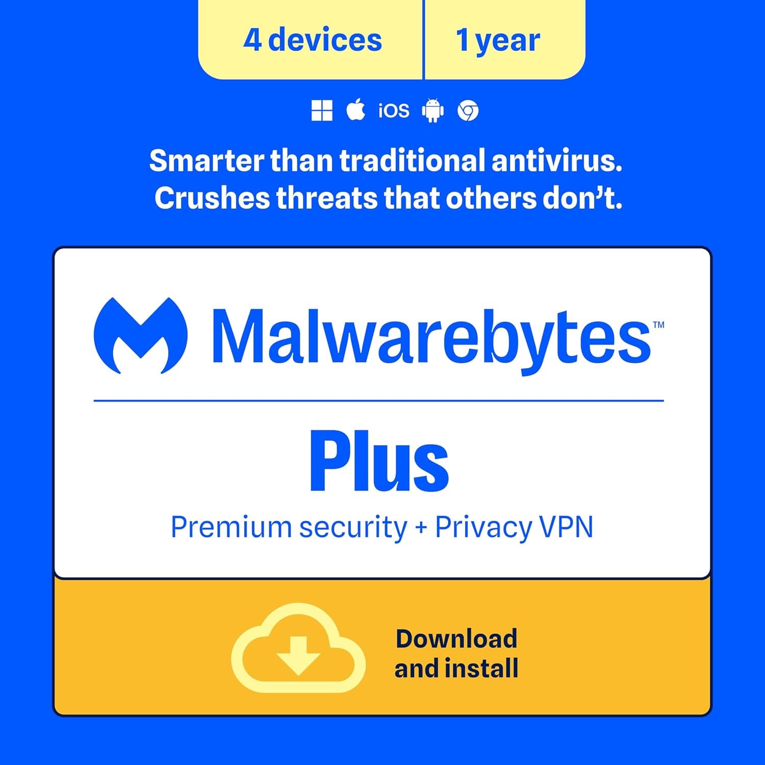 Malwarebytes Estándar, Seguridad Premium + Software VPN | 1 año, 4 dispositivos | Windows, Mac OS, Android, Apple iOS, Chrome [Código en línea]