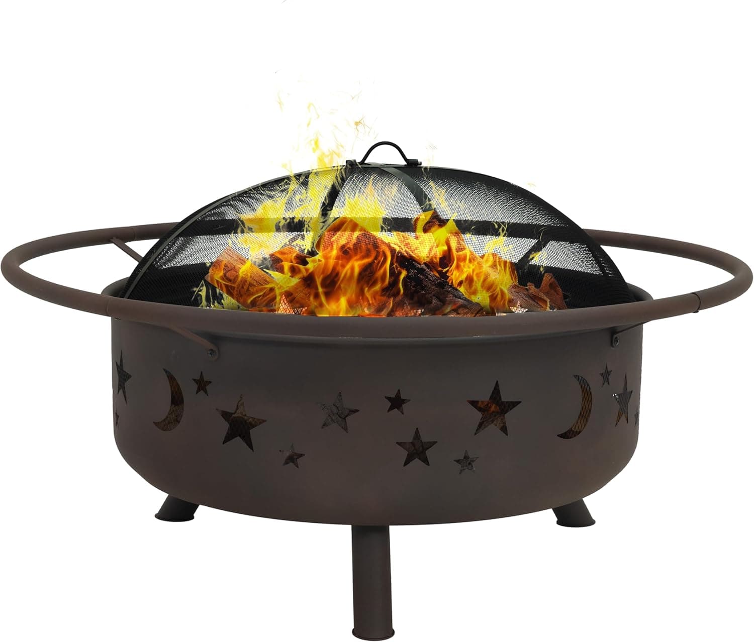 Sunnydaze Cosmic Brasero grande de 42 pulgadas para quemar leña en el exterior, redondo, metal | Bronce, diámetro del tazón de 31 pulgadas, acero, incluye pantalla contra chispas, rejilla y atizador, brasero exterior resistente para patio, terraza o patio trasero