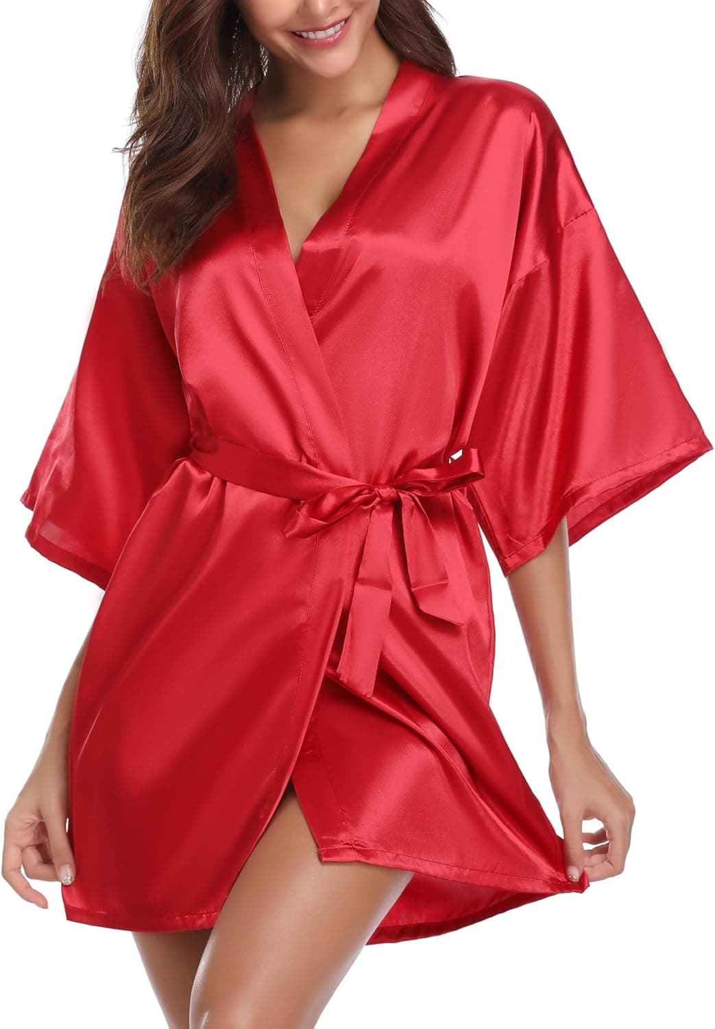 Vlazom Albornoz tipo kimono para mujer, bata de baño de satén, camisón de estilo corto, bata de novia