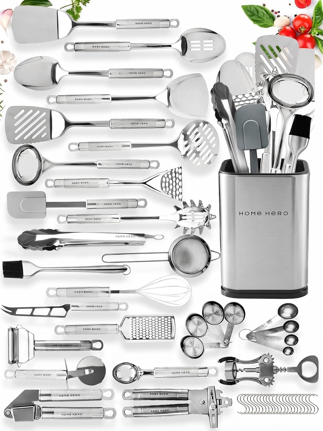 Home Hero Juego de utensilios de cocina de acero inoxidable de 54 piezas - Utensilios de cocina de acero inoxidable y silicona antiadherentes resistentes al calor - Herramientas completas con cuchara ranurada y cuchara para pasta - Paquete de 54, plateado