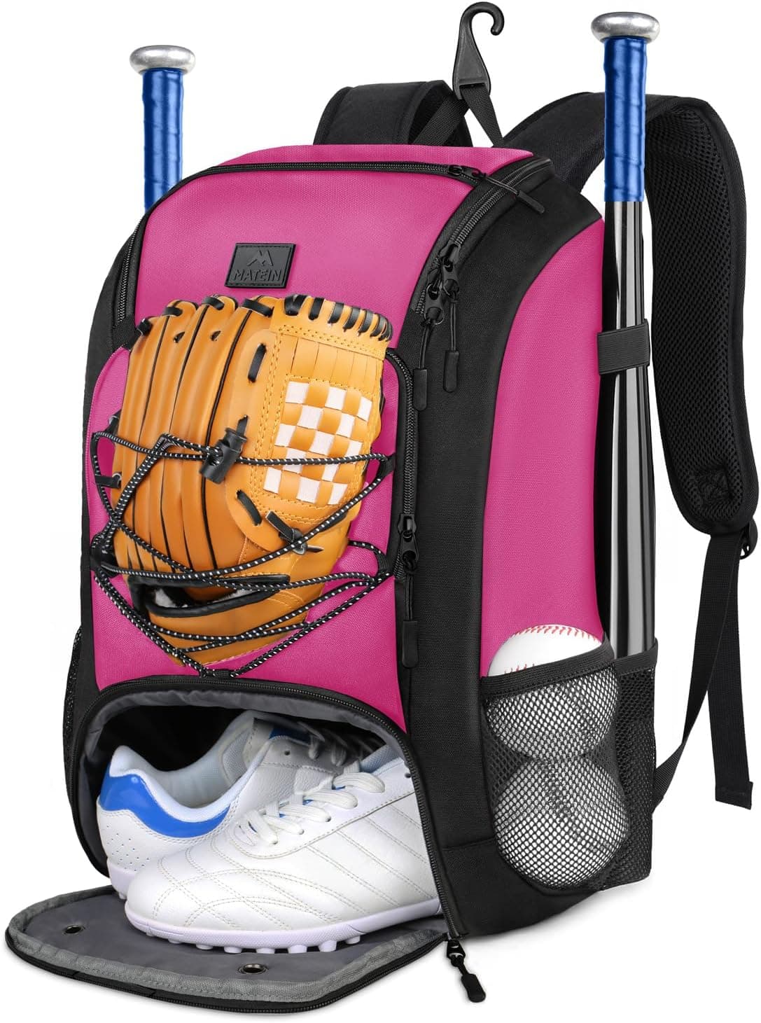 MATEIN Mochila de béisbol juvenil, bolsa para bate de softbol con compartimento para zapatos | Bolsa de béisbol ligera para niños y adultos, gancho para valla, bate TBall, manopla de bateo, casco, gorras, equipo de equipo de Teeball