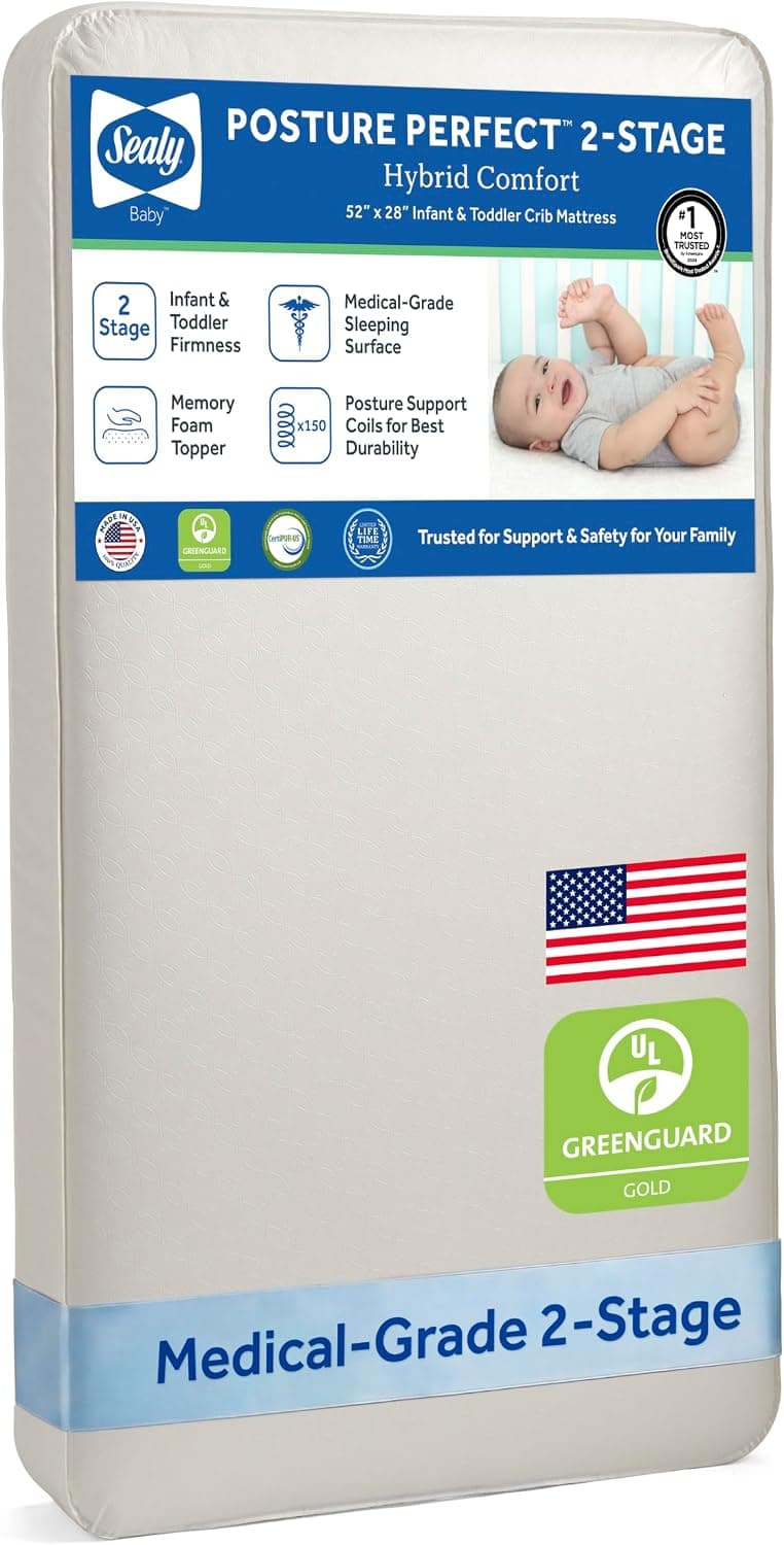 Sealy Baby Posture Colchón de cuna transpirable perfecto, certificado GREENGUARD Gold, fabricado en EE. UU., espuma viscoelástica híbrida de 2 etapas y 150 bobinas premium, ajuste para cama infantil, seguridad y calidad probada, 52 x 28 pulgadas