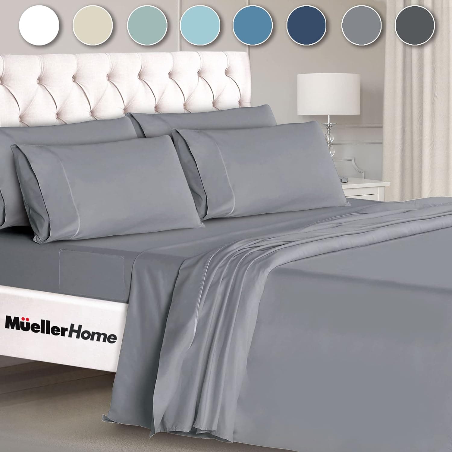 Mueller UltraTemp Juego de sábanas tamaño king – Ropa de cama premium de 6 piezas, suave como la seda, refrescante, bolsillo profundo de hasta 16 pulgadas, transferencia de calor transpirable, resistente a las arrugas e hipoalergénico, gris claro