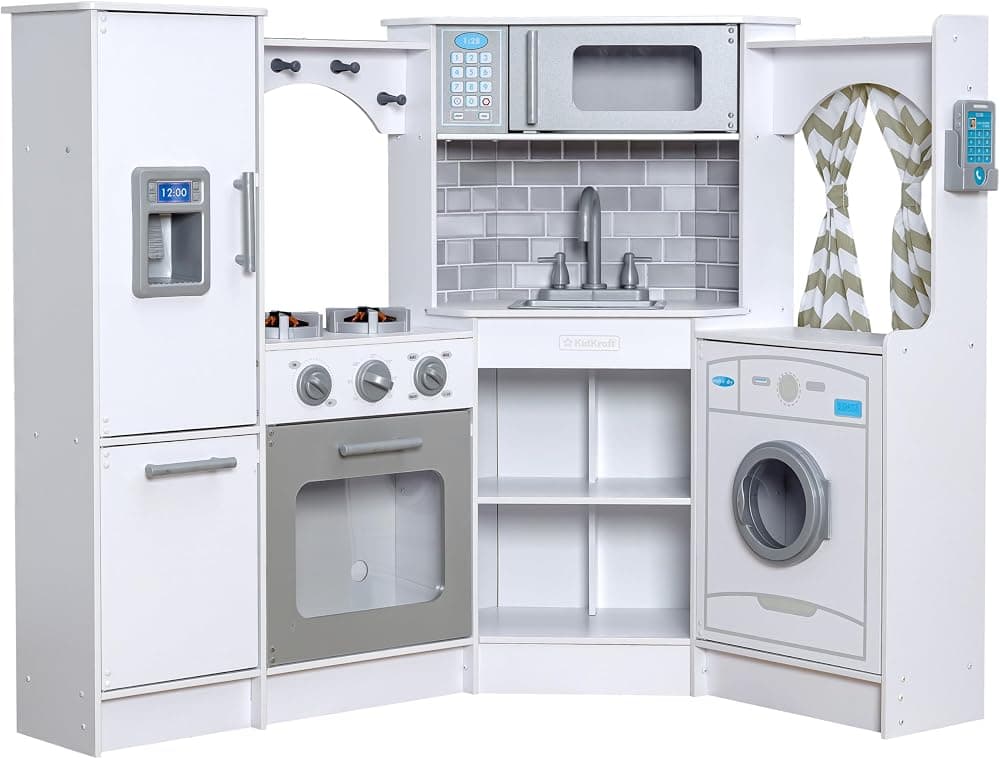 KidKraft Ultimate Cocina de juguete esquinera de madera con luces y sonidos, teléfono de juguete y cortinas, color blanco