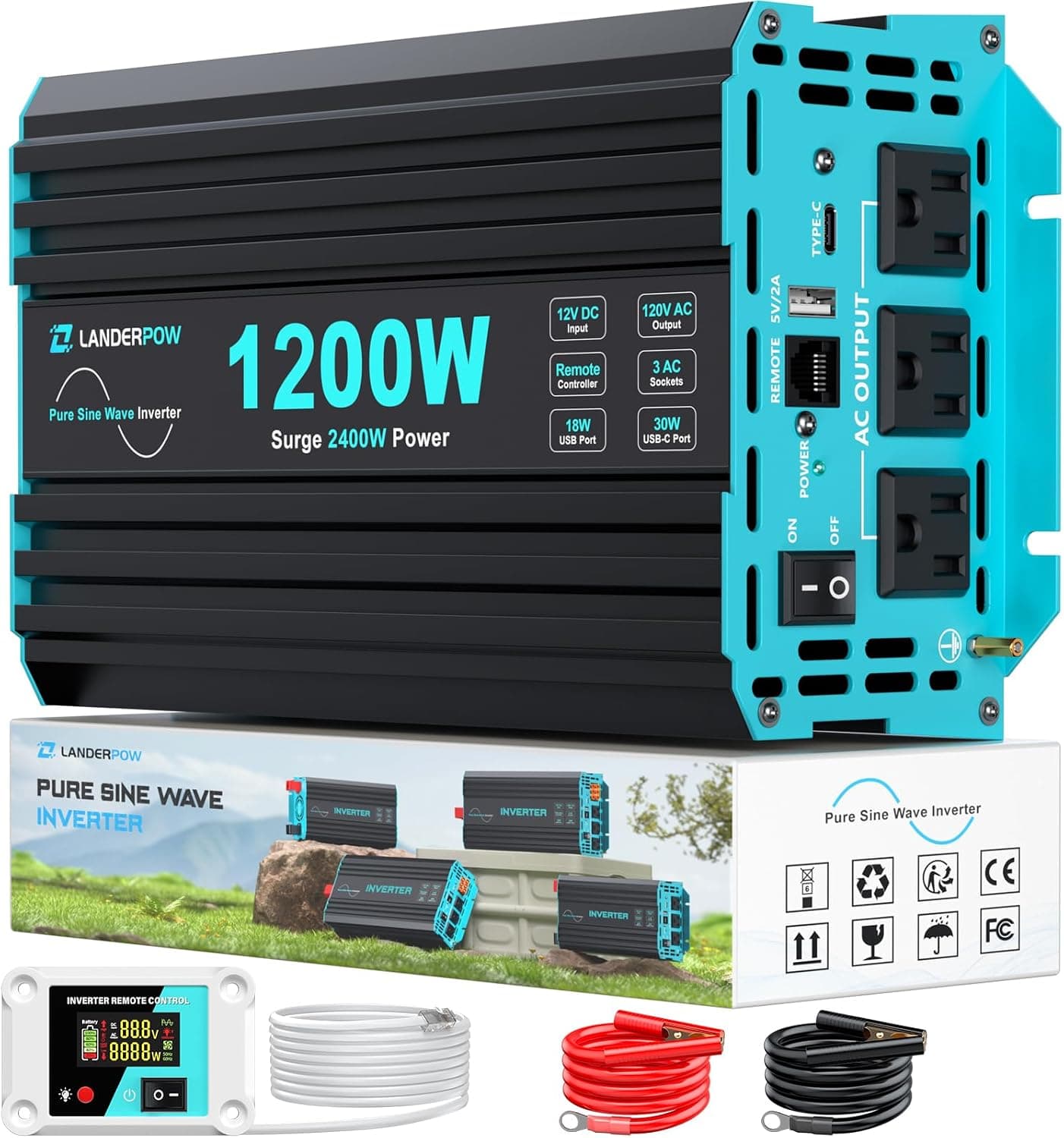 Inversor de onda sinusoidal pura de 1200 vatios, inversor de corriente para automóvil, camping, energía solar, RV, camión, hogar, inversores de 12 V CC a 120 V CA con 3 salidas de CA, USB-C de 30 W, USB de 5 V 3,1 A, control remoto, sobretensión de 2400 W