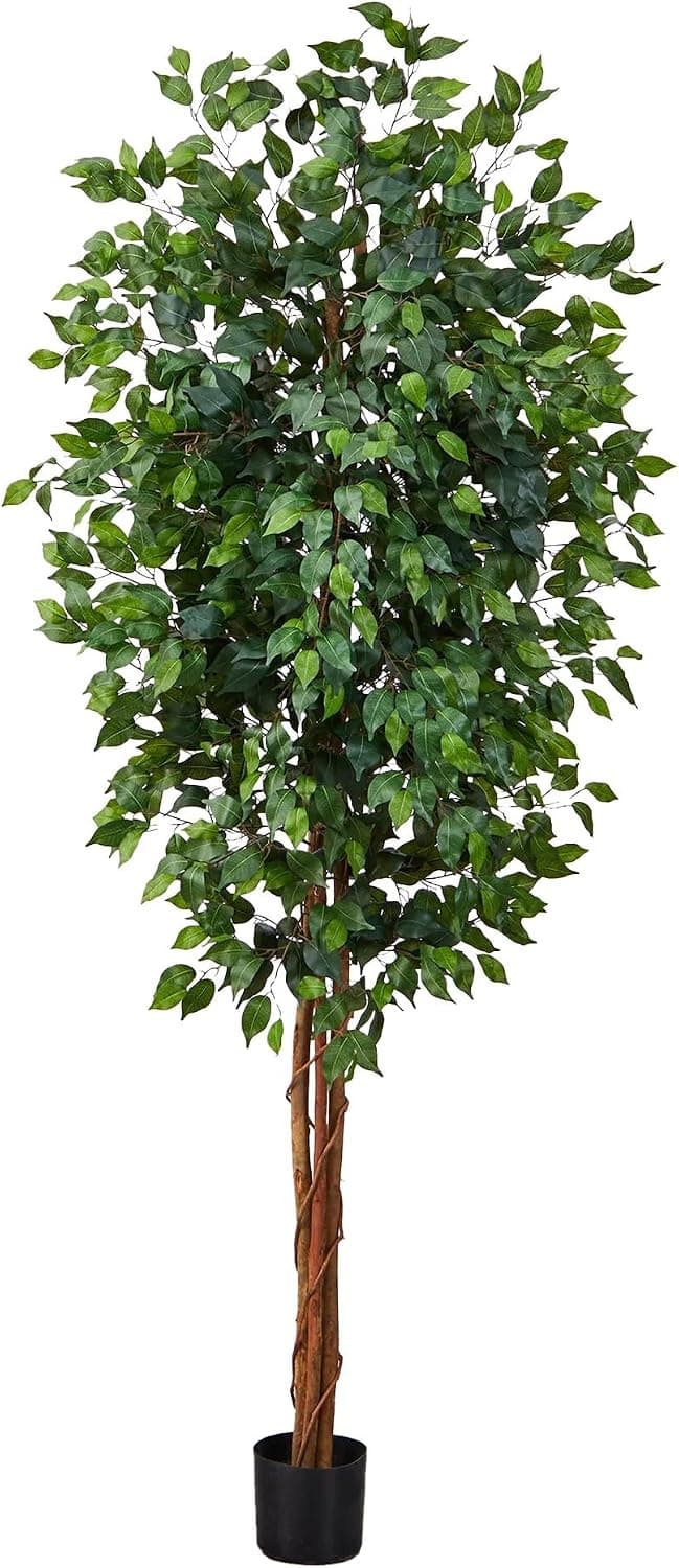 Árbol de ficus artificial casi natural de 7 pies con troncos de madera natural | Árbol de ficus sintético de triple tronco, 1260 hojas verdes, maceta negra para vivero, sin mantenimiento, decoración interior del hogar
