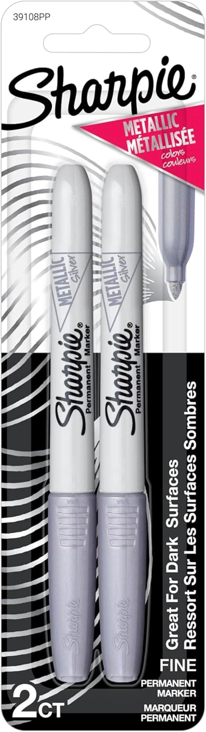 Marcadores permanentes metálicos Sharpie, punta fina, plateados, 2 unidades, para papel negro o superficies oscuras, artes y manualidades, carteles | Para papel negro o superficies oscuras, artes y manualidades, carteles