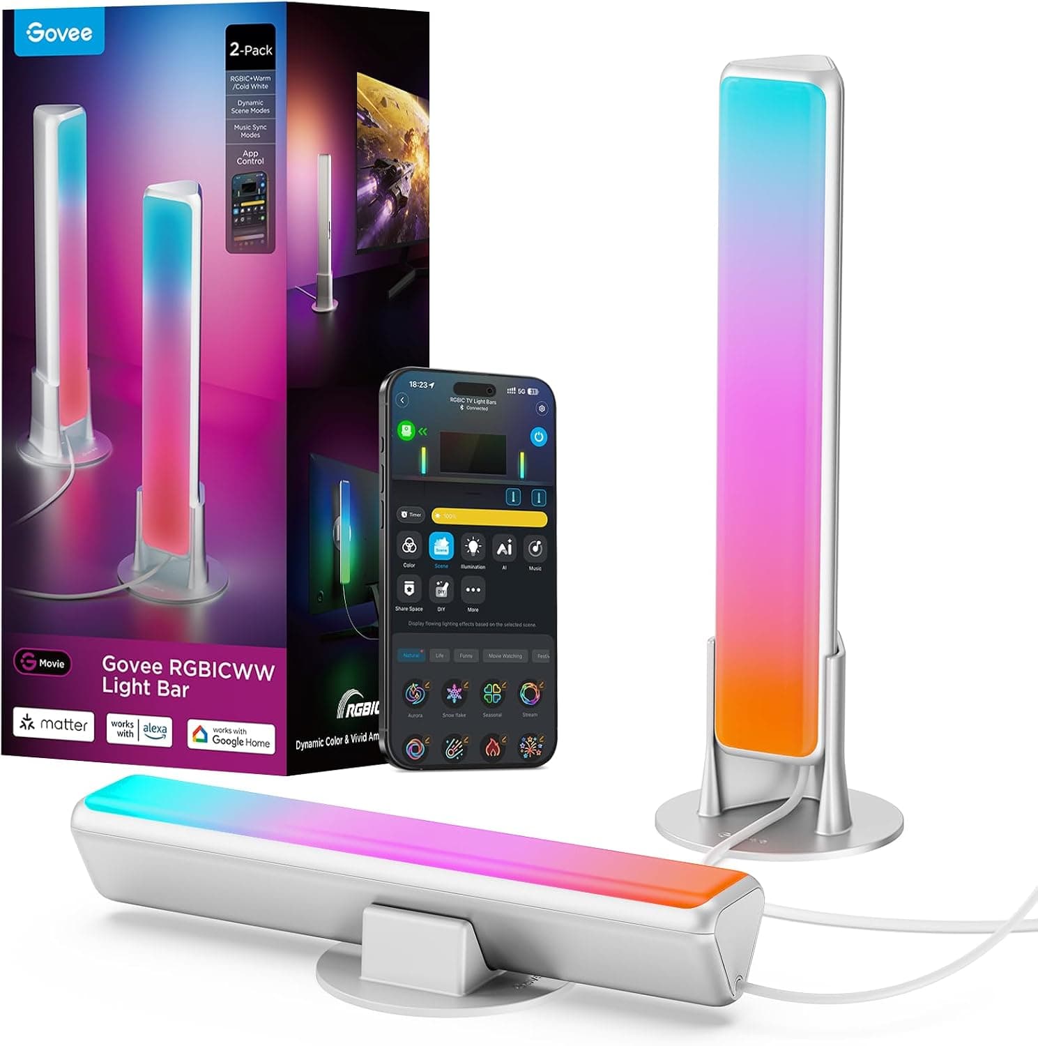 Govee Barra de luz inteligente, luces de TV RGBICWW para sala de estar, juegos, plateado | Compatible con SmartThings, Matter, Alexa, barra de luz LED con modos de escena y música para sala de estar, juegos, PC, control de aplicaciones