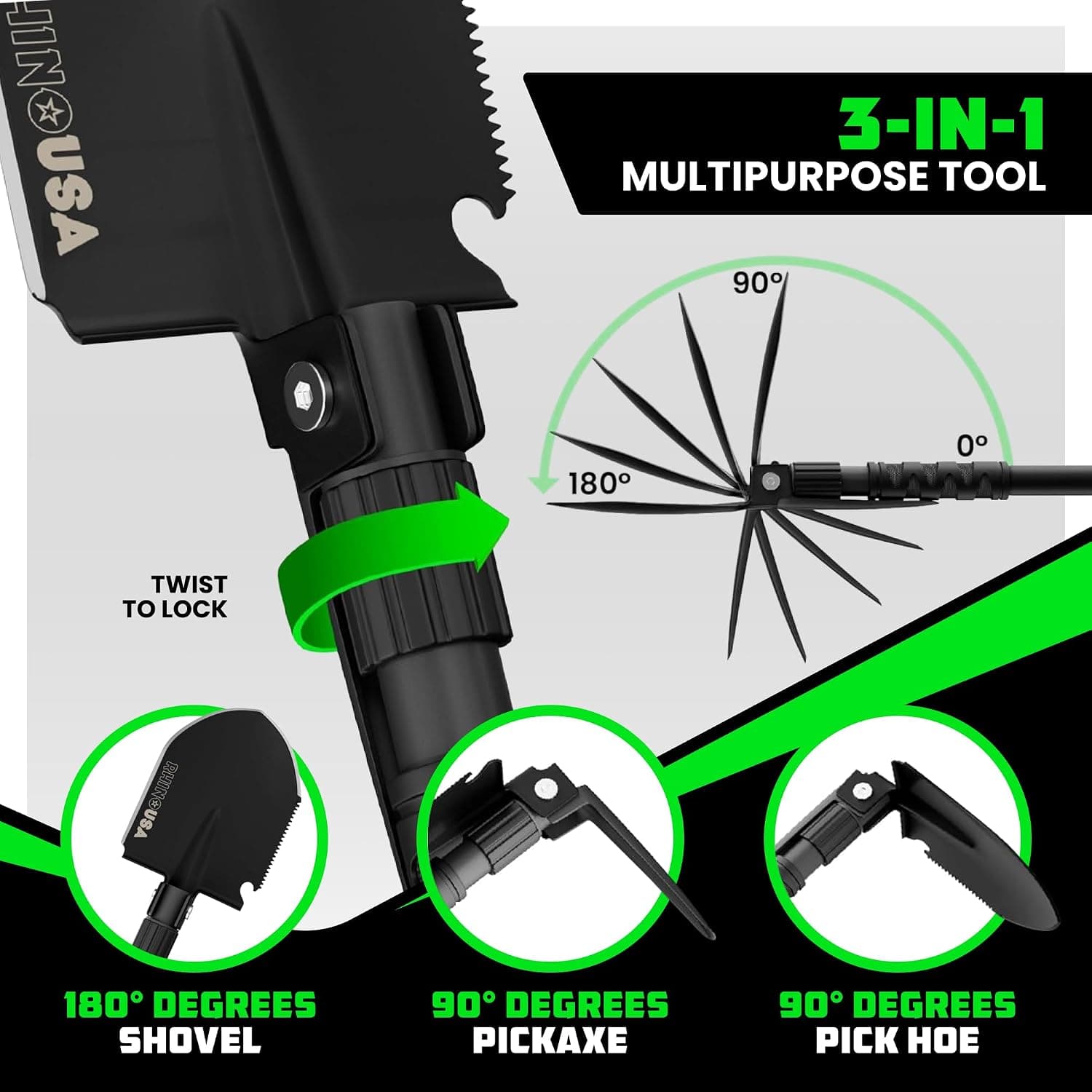 Pala de supervivencia Rhino USA con púa - Herramienta de atrincheramiento de estilo militar | Herramienta de acero al carbono resistente para todo terreno, camping, jardinería, playa. Para tierra, arena, barro y nieve, diseño compacto. Negro