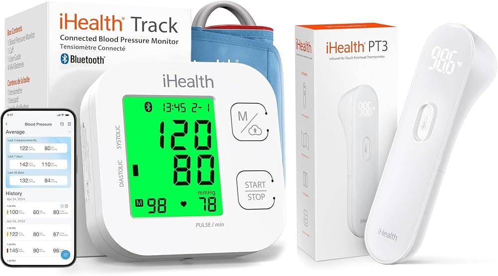 Kit de salud en el hogar iHealth: monitor inteligente de presión arterial para la parte superior del brazo + termómetro para la frente sin contacto