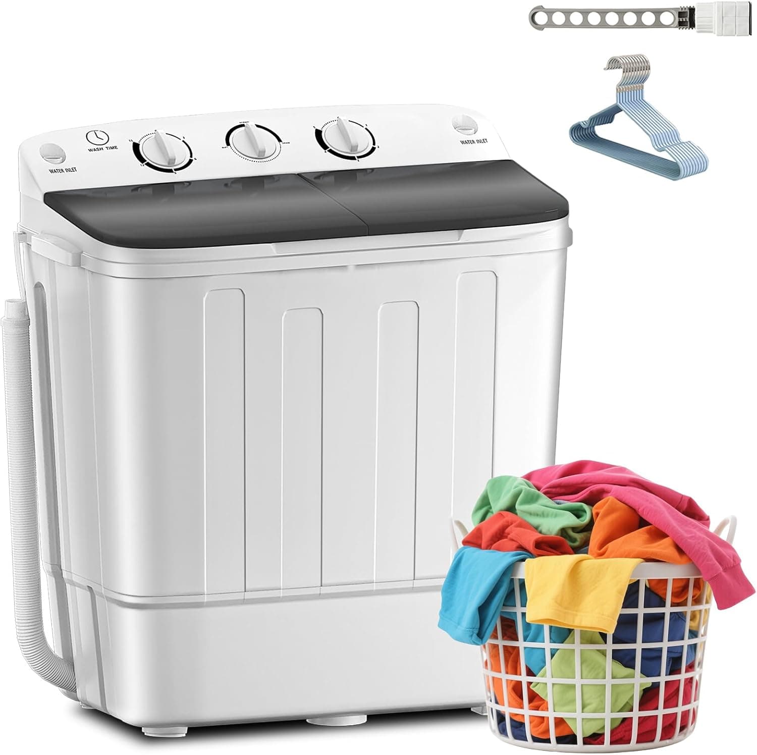 Erivess Lavadora portátil de doble tina de 19 libras con rejilla de secado y 10 perchas, lavadora de 12 libras, mini lavadora compacta con centrifugador de 7 libras, combo de lavadora semiautomática de 1500 rpm para dormitorio y apartamento