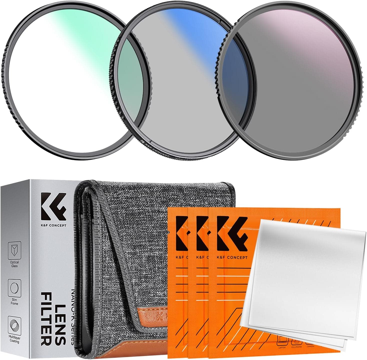Kit de filtros para lentes K&F CONCEPT 95 mm UV/CPL/ND | Filtro UV+Filtro polarizador+Filtro de densidad neutra (ND4)+Paño de limpieza+Bolsa de filtro Serie K FS302