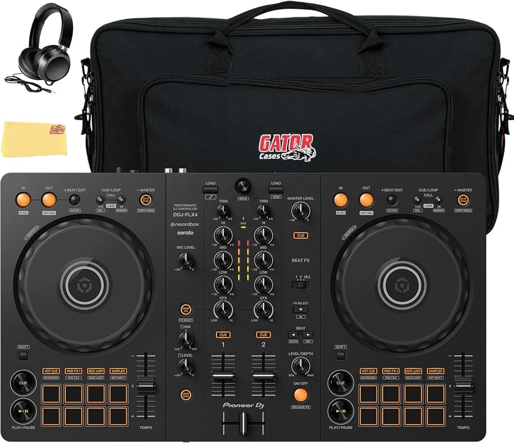 Controlador DJ Pioneer DJ FLX4 de 2 canales - Negro | Paquete con estuche Gator, auriculares y paño de limpieza Austin Bazaar