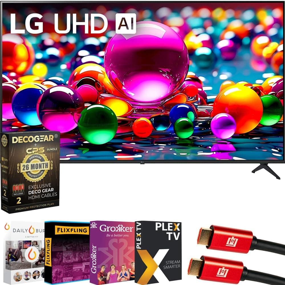 55UA7700PUB Paquete de TV inteligente webOS UA77 LED AI 4K UHD de 55 pulgadas (2025) con transmisión de películas de estreno, cable HDMI de 6 pies y Deco Gear Paquete de protección exclusivo de 26 meses de CPS (BEACH-CPS-26M500)