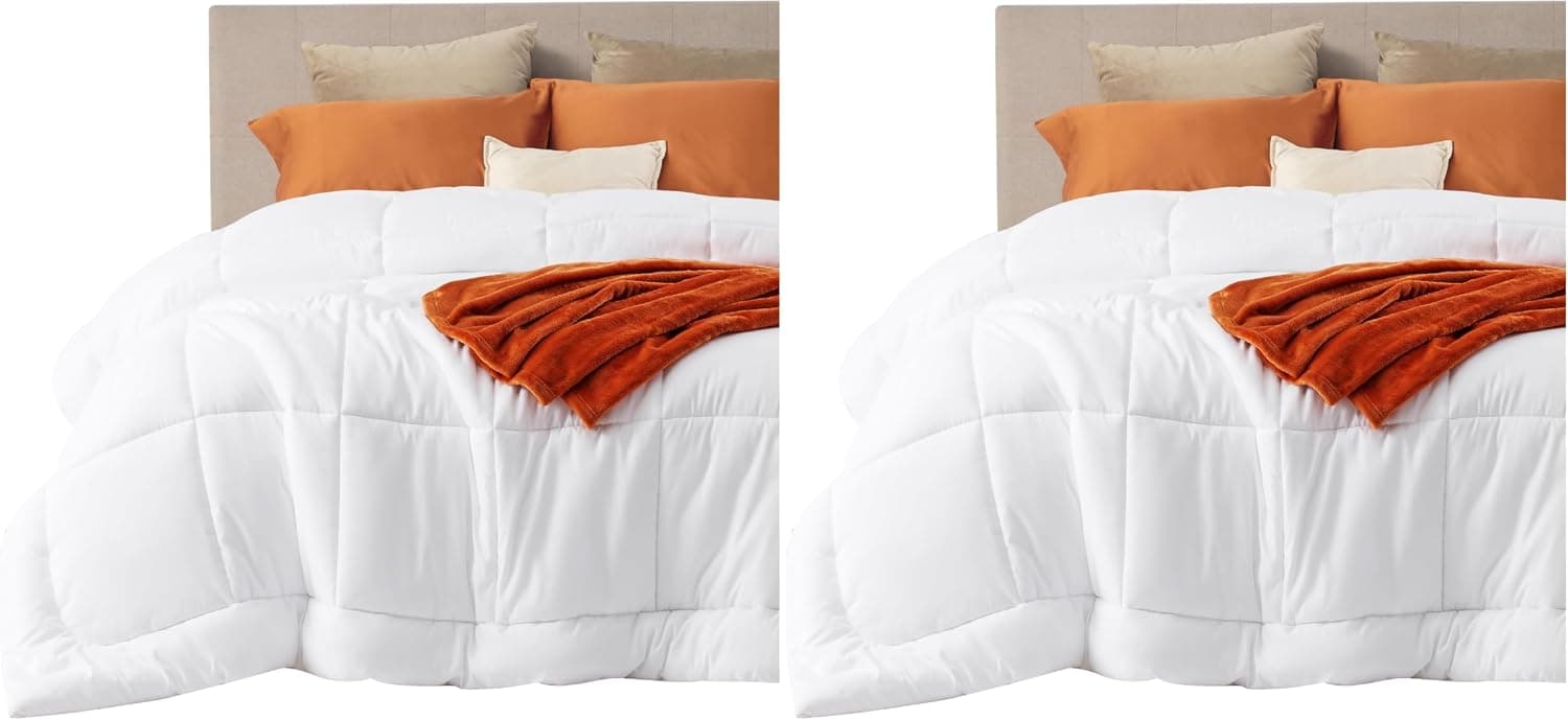 Bedsure Edredón con relleno de edredón – Edredón acolchado tamaño King, edredón para todas las estaciones, manta alternativa de plumón suave, con 8 pestañas, regalos para mujeres/hombres, blanco, King 90 x 102 pulgadas (paquete de 2)