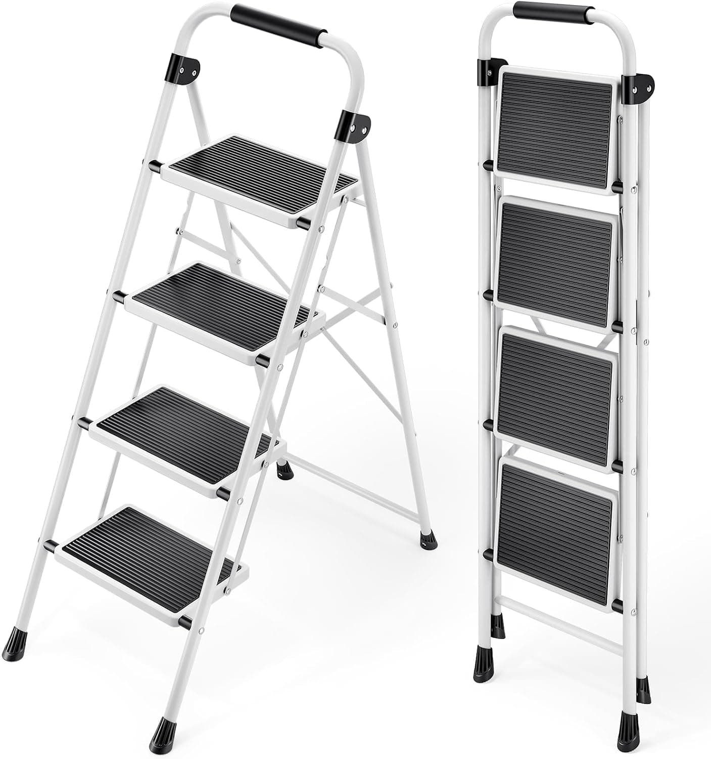 KINGRACK Step Ladder, 4 Step Folding Ladder with Handrails | Heavy Duty Steel Stool Sturdy Collapsible Portable Ladder with Anti-Slip Wide Pedal, White