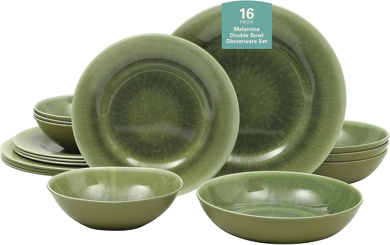 Gibson Home Casper Court Juego de vajilla de melamina de 16 piezas – Platos y tazones con aspecto de esmalte reactivo verde, servicio para 4 – Estante superior apto para lavavajillas Juego de comedor diario