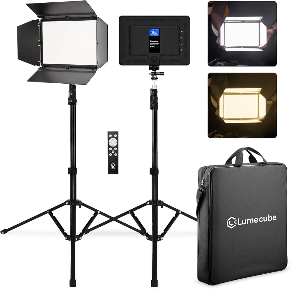 Kit de iluminación de 2 puntos con panel de estudio Lume Cube | Paneles de luz LED bicolor con iluminación de borde 3200k - 5600k | Batería de litio recargable, color ajustable, brillo, soportes de 70", control remoto inalámbrico incluido