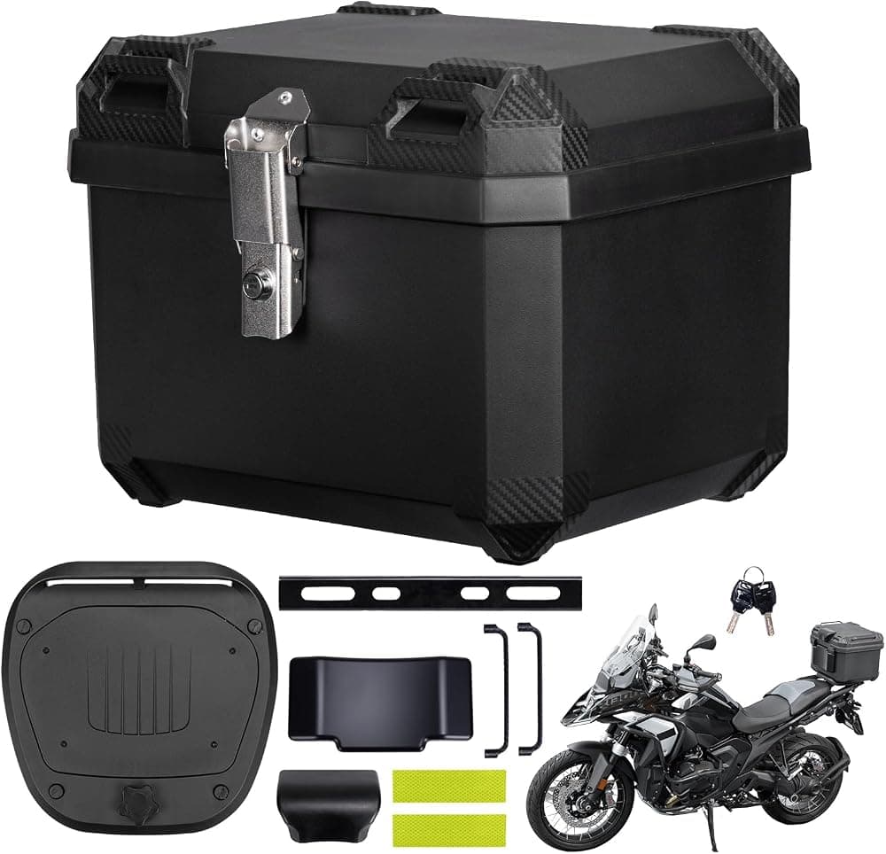 Baúl para motocicleta de 45 L, baúl universal de plástico para motocicleta con forro, baúl superior para motocicleta desmontable impermeable con cerradura y cojín trasero (negro)