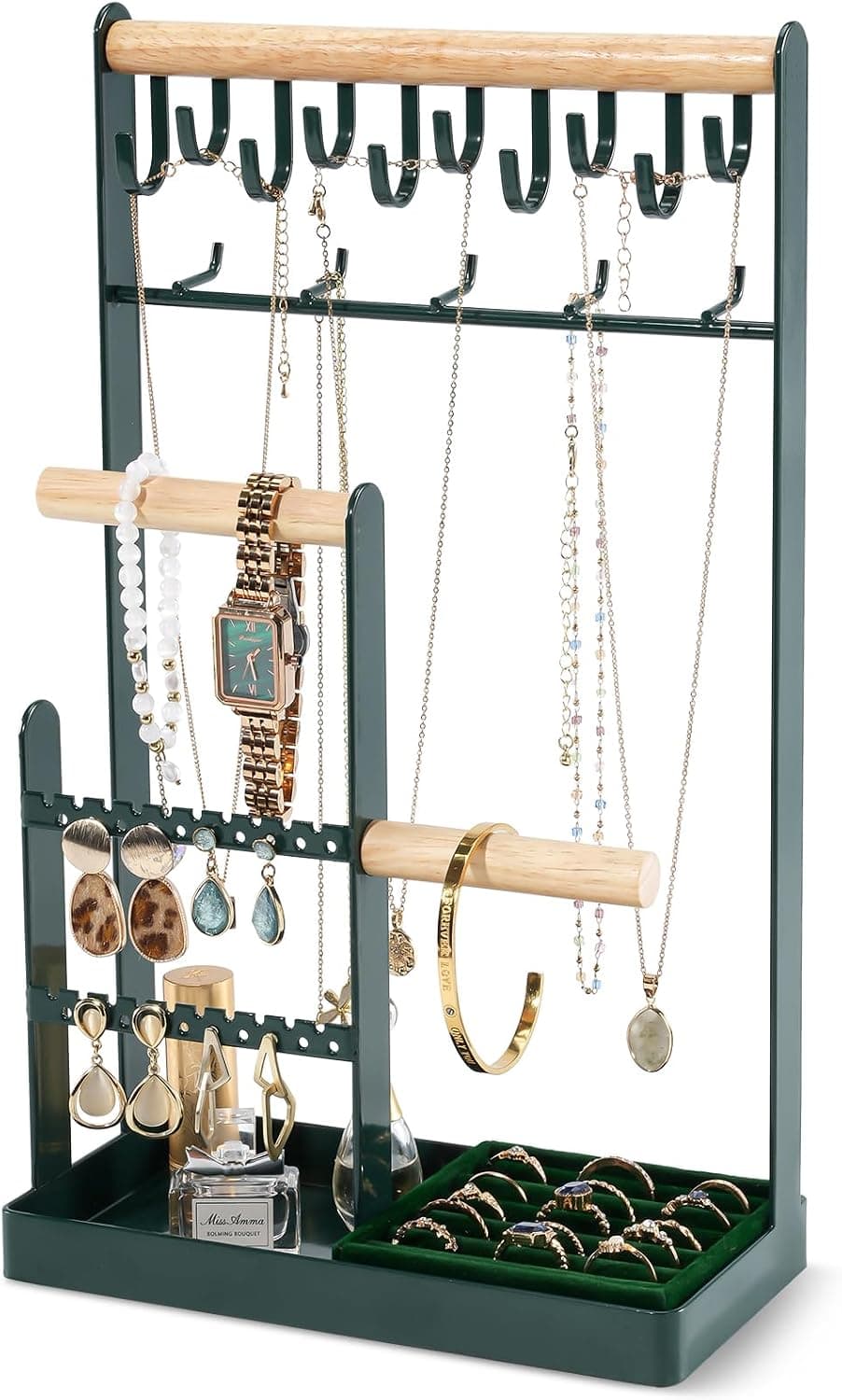 ProCase Organizador de soporte para joyas, soporte para collares de 5 niveles con bandeja para anillos, 15 ganchos para colgar collares, pequeña torre de almacenamiento para exhibición de joyas, árbol para pulseras, pendientes, relojes, grande, verde