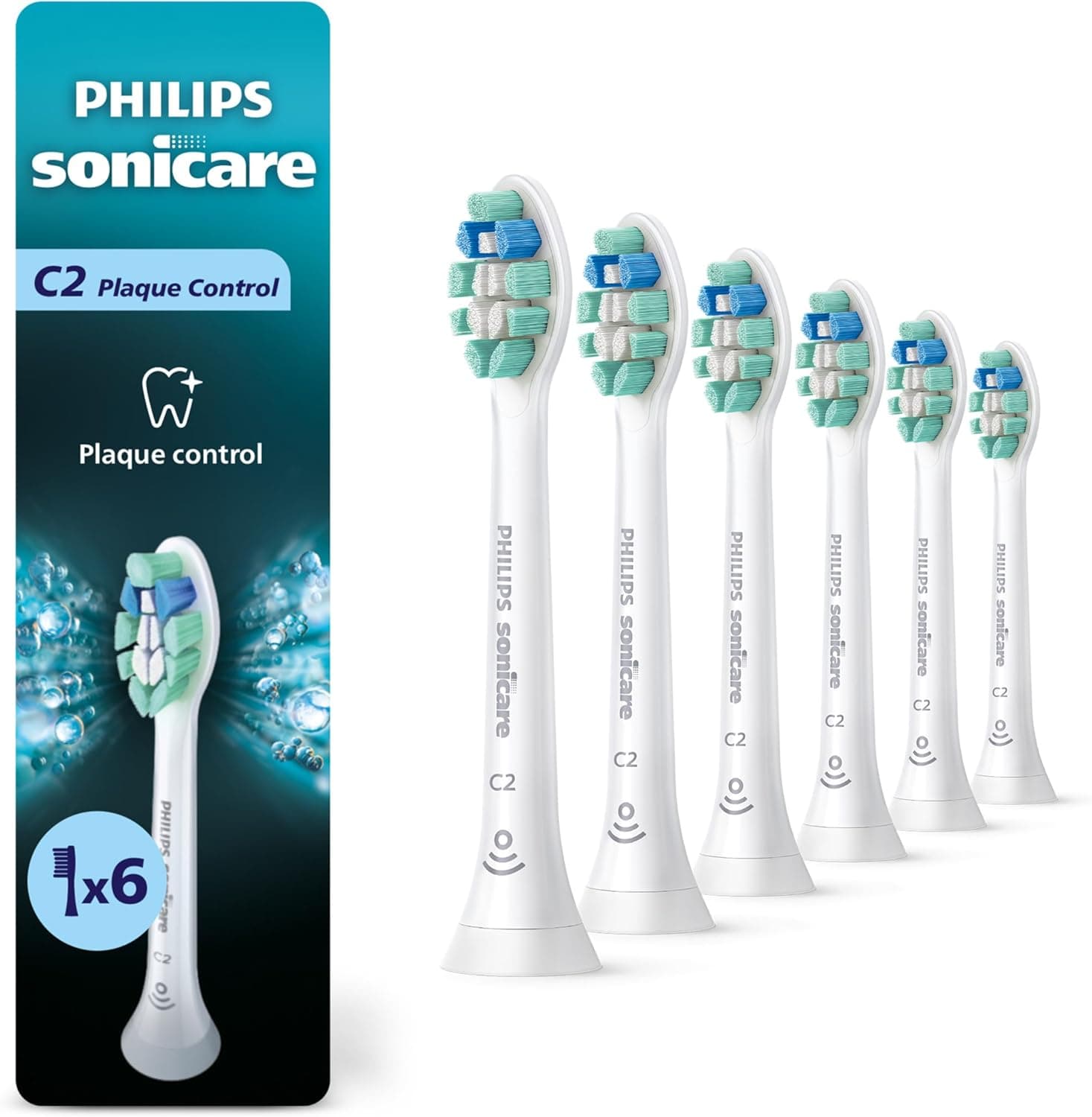 Philips Sonicare C2 Plaque Control Brush Heads, 18 Month Supply, White | 700% More Plaque Removal¹, BrushSync Reminder, Up To 62,000 Bristle Movements Per Min, 6-Pack, HX9026/77