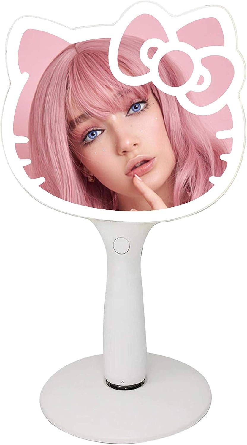 Impressions Vanity Hello Kitty Espejo de mano LED, espejo de tocador de maquillaje con base de pie y brillo ajustable