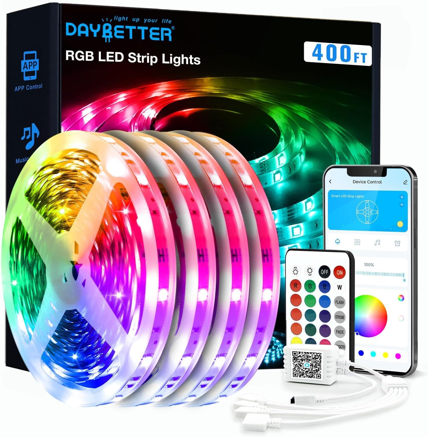 DAYBETTER Tira de luces LED de 400 pies (4 rollos de 100 pies), tira de luces que cambian de color para dormitorio, escritorio, interior, habitación, niña, niño, regalos de cumpleaños, decoración RGB con control remoto y fuente de alimentación de 24 V